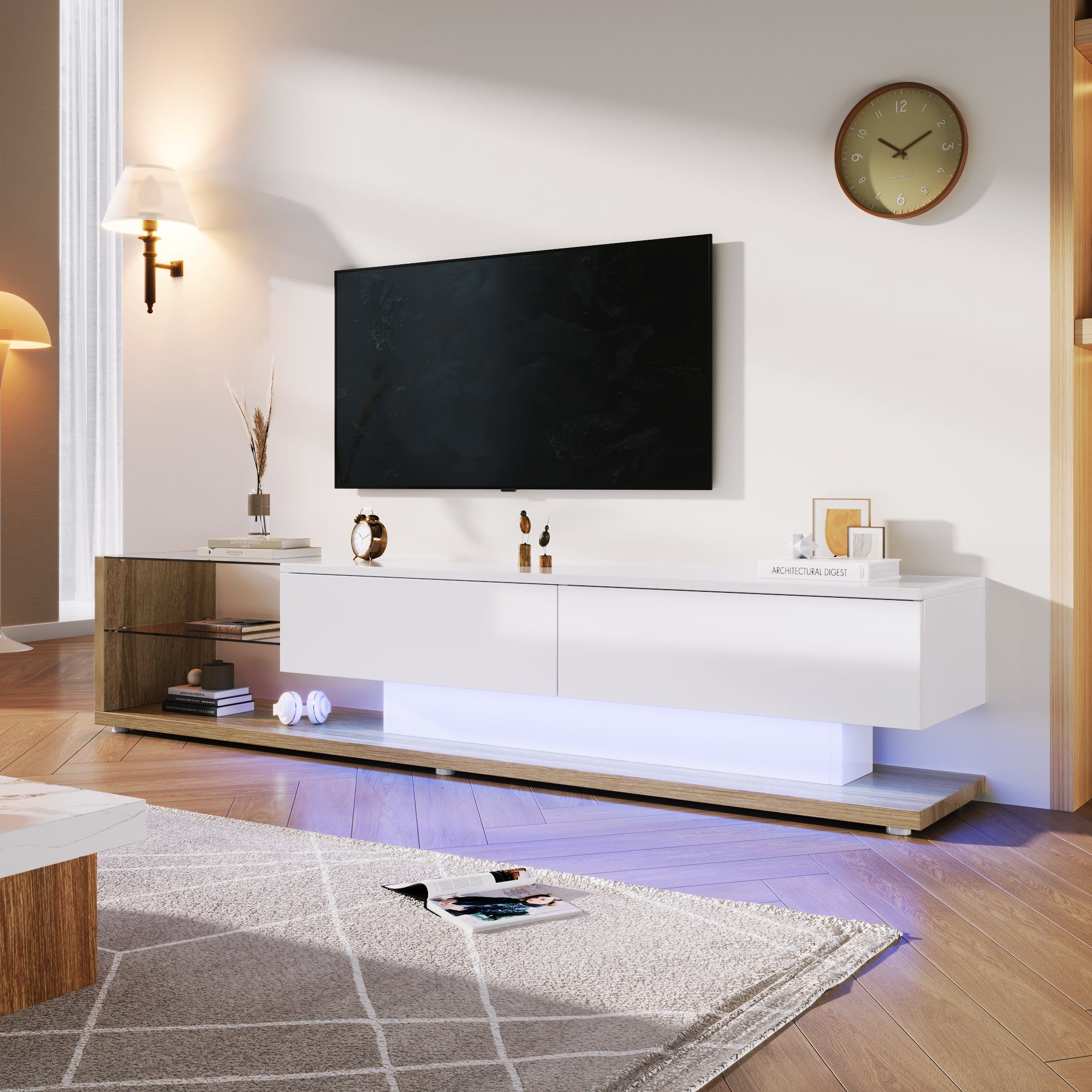 WISHDOR Lowboard TV- Schrank, Glastrennwände und variable LED-Beleuchtung Bruan+Weiß