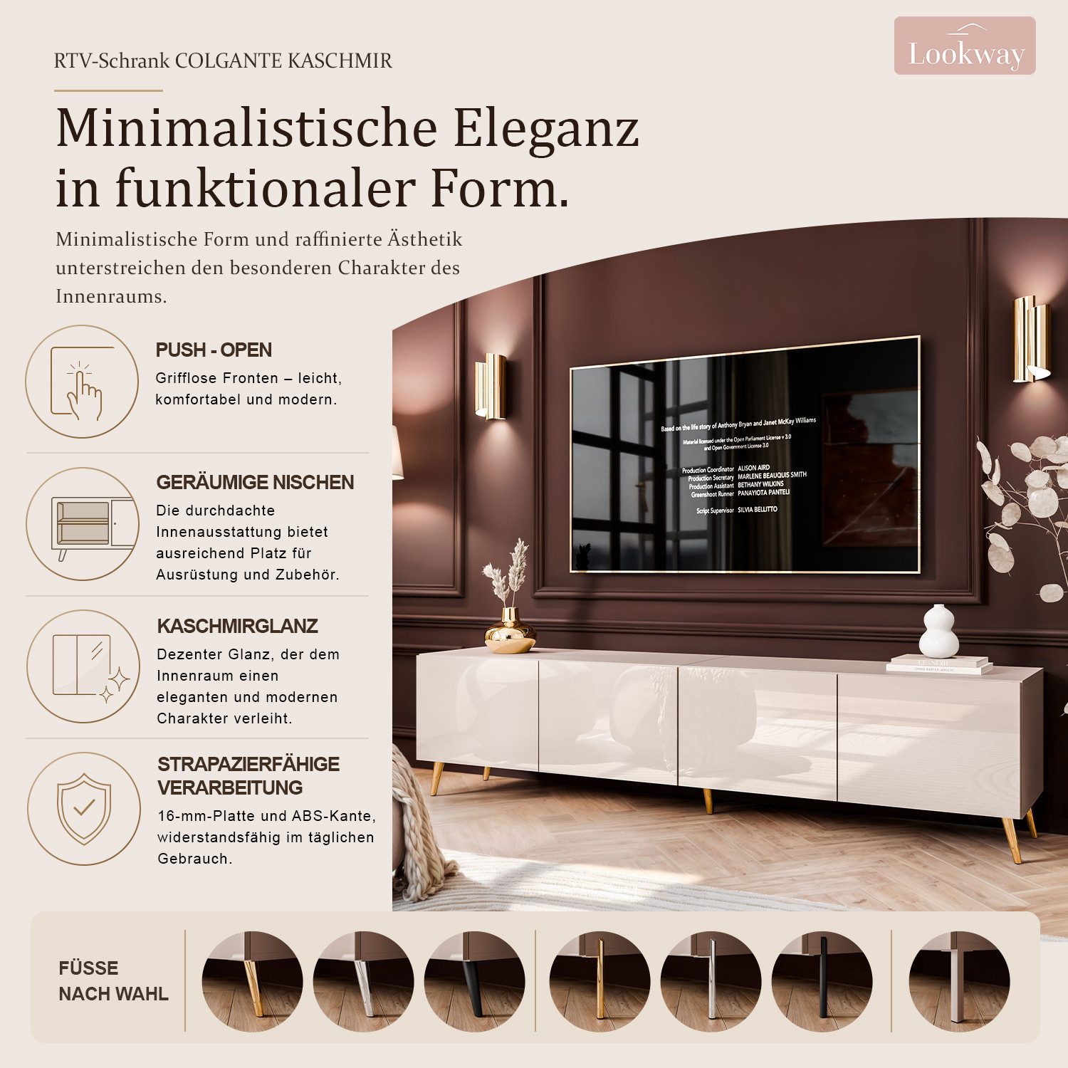 Lookway TV-Schrank COLGANTE 200 Kaschmir Hochglanz mit Metallbeinen (2x TV- Schrank) 200x40x49 cm – Bild 4 von 5