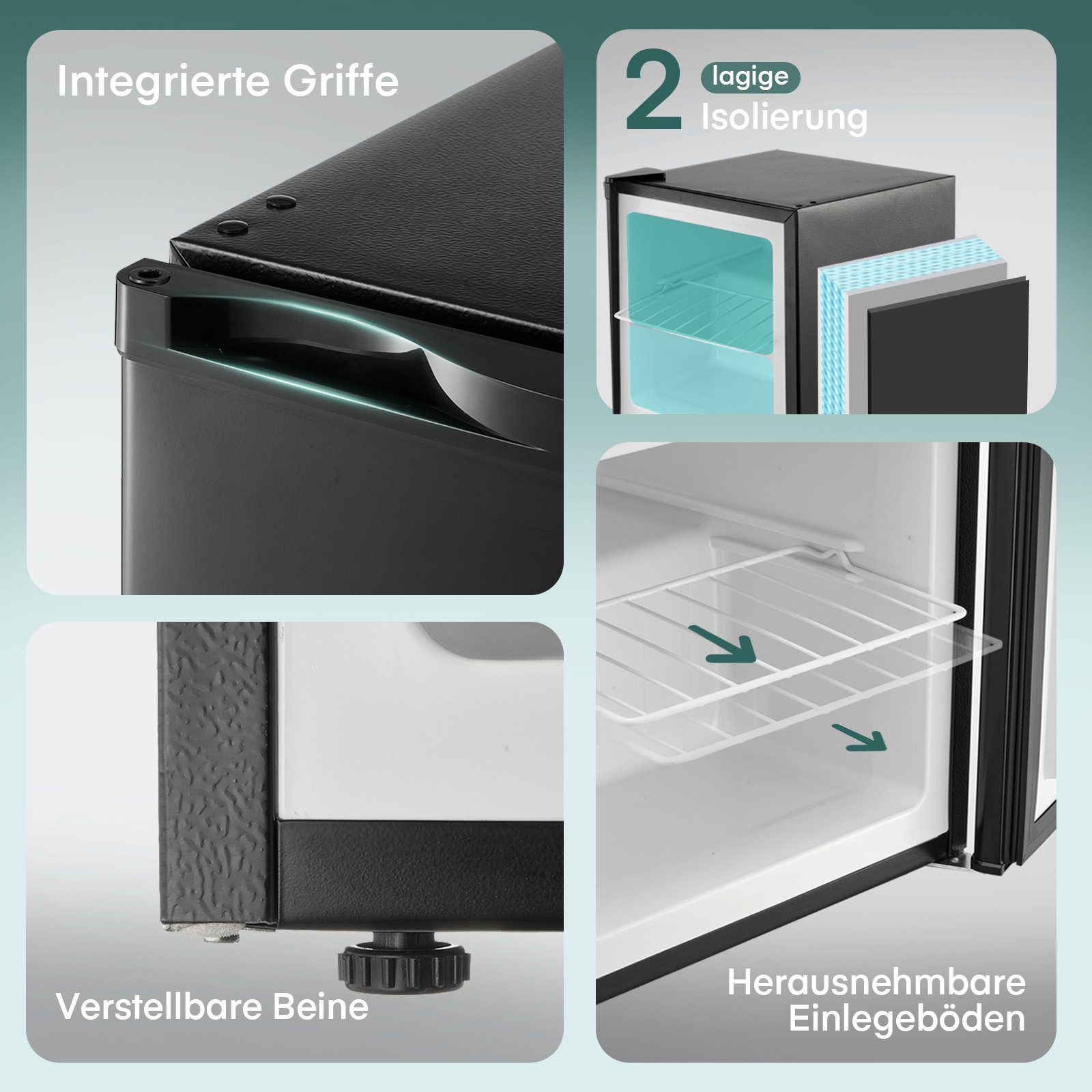 FOHERE Gefrierschrank Mini Freezer 32L, Gefrierbox, -22°C perfekt Tiefkühlen, 43DB, 49.8 cm hoch, 47.3 cm breit, Türanschlag, verstellbare Füße und herausnehmbare Einlegeböden