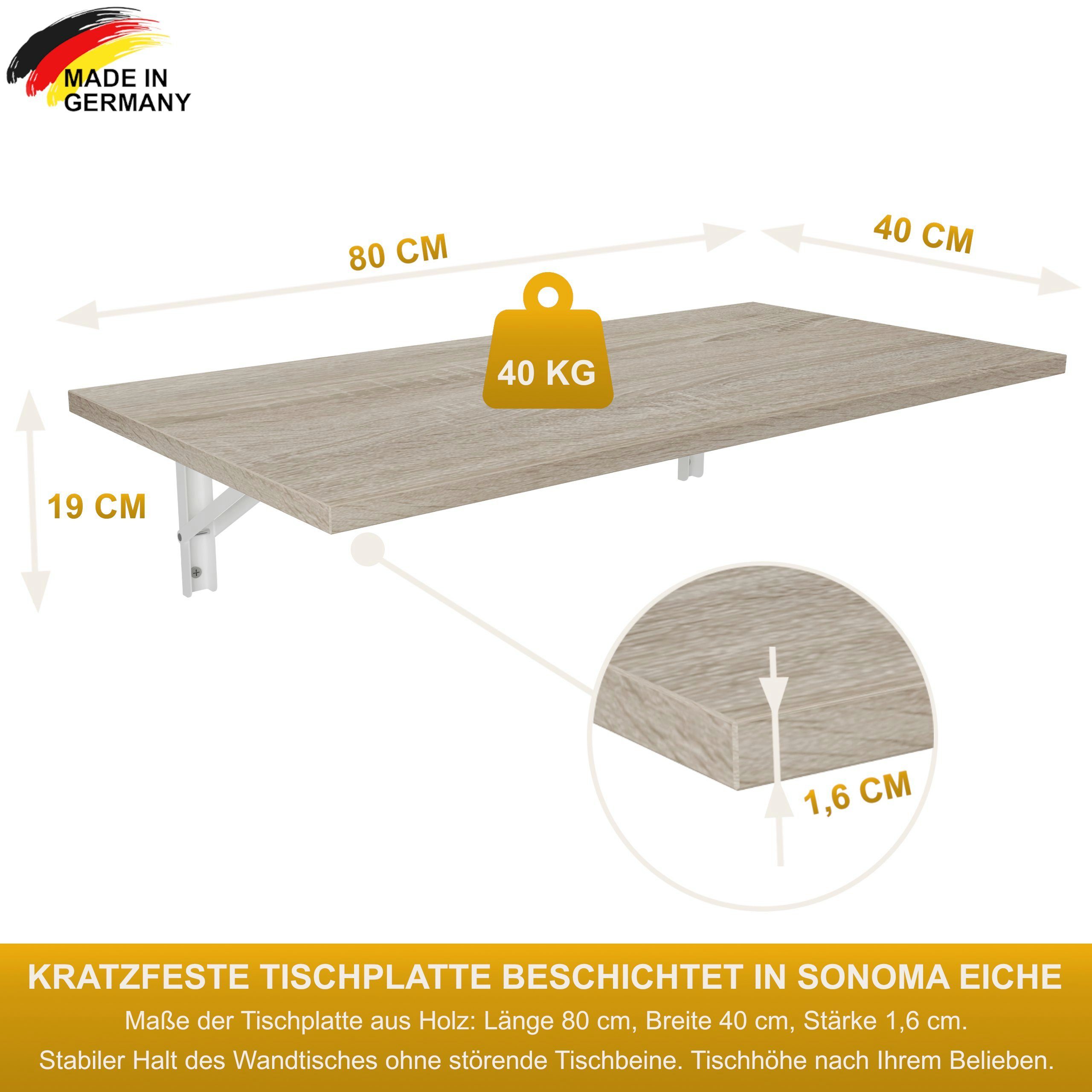 KDR Produktgestaltung Esstisch 80x40 Sonoma Schreibtisch Küchentisch Tisch, Wand Klapptisch Eiche Wandklapptisch