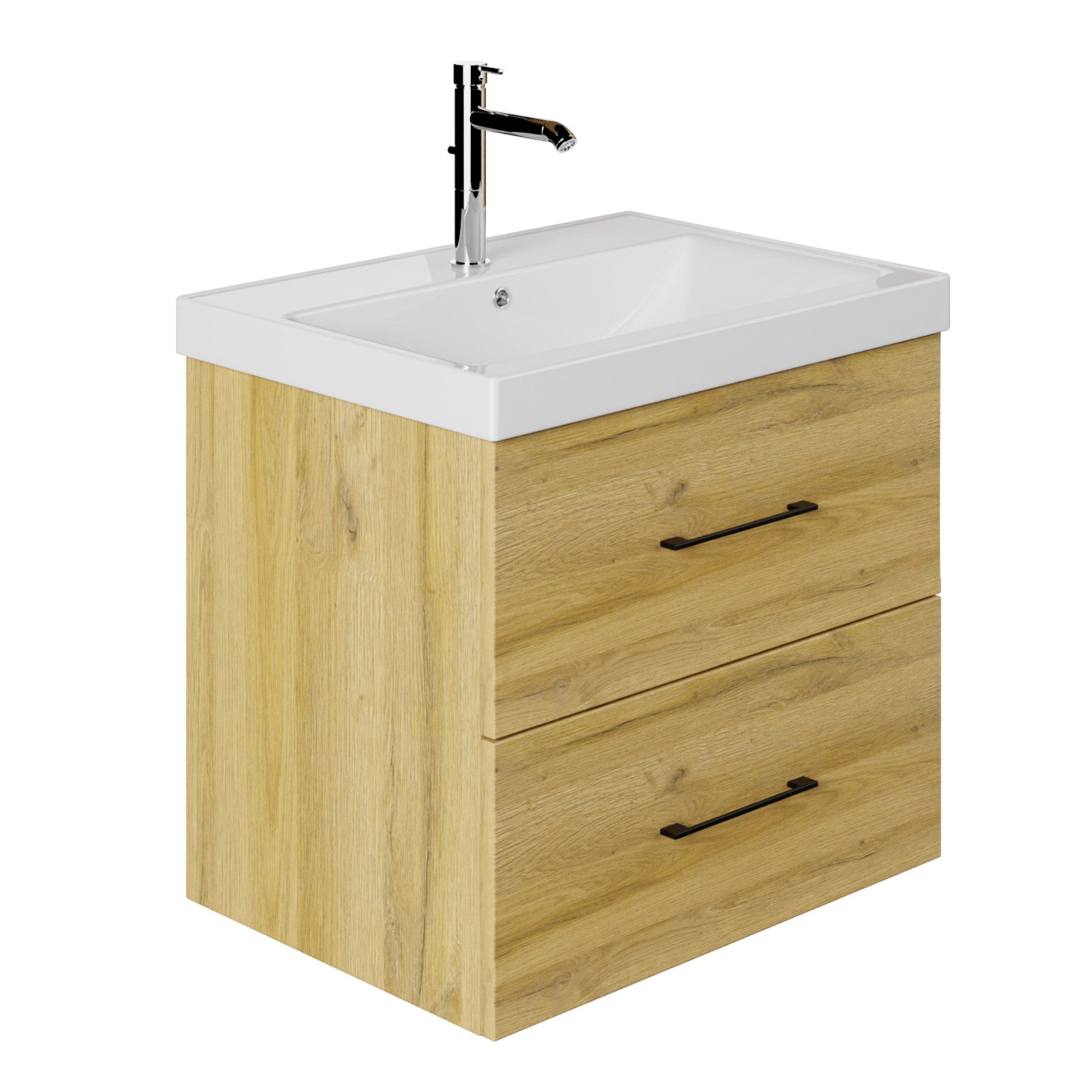 Karen Waschtisch-Set Waschtisch mit Unterschrank Verona, (2-St., Der Lieferumfang umfasst Unterschrank und Waschbecken), Holzfurnier, Bügelgriffe, Natürliches Design, Softclose