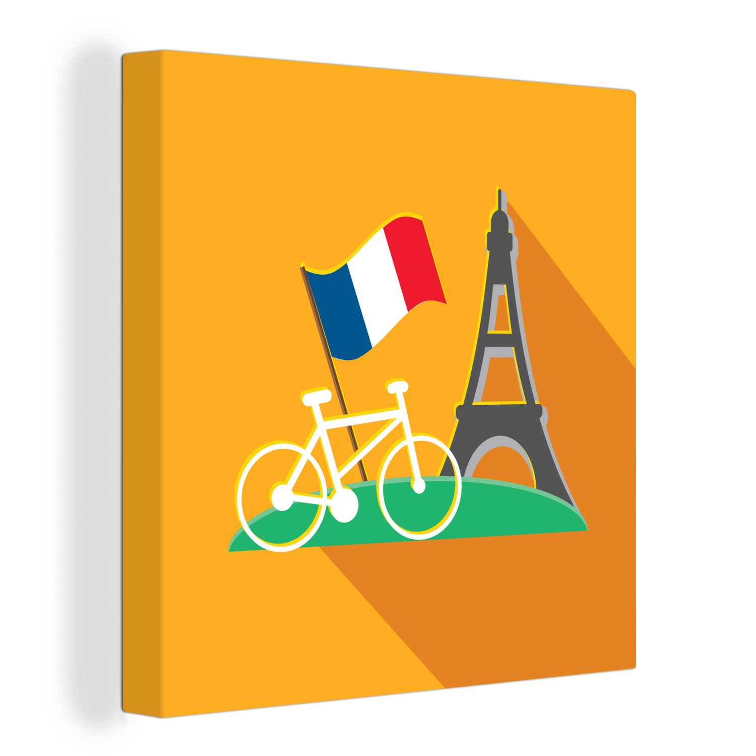 OneMillionCanvasses® Leinwandbild Eine Illustration Eiffelturm mit Flagge und Fahrrad, (1 St), Leinwand Bilder für Wohnzimmer Schlafzimmer