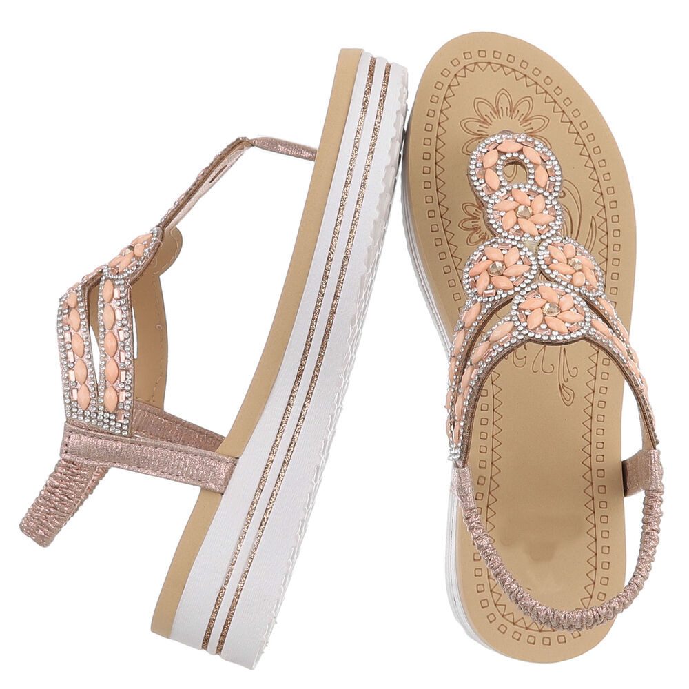 Ital-Design Damen Plateau-Flip-Flop mit Schmucksteinen Zehentrenner (91970838) Keilabsatz/Wedge Keilsandaletten in Champagner
