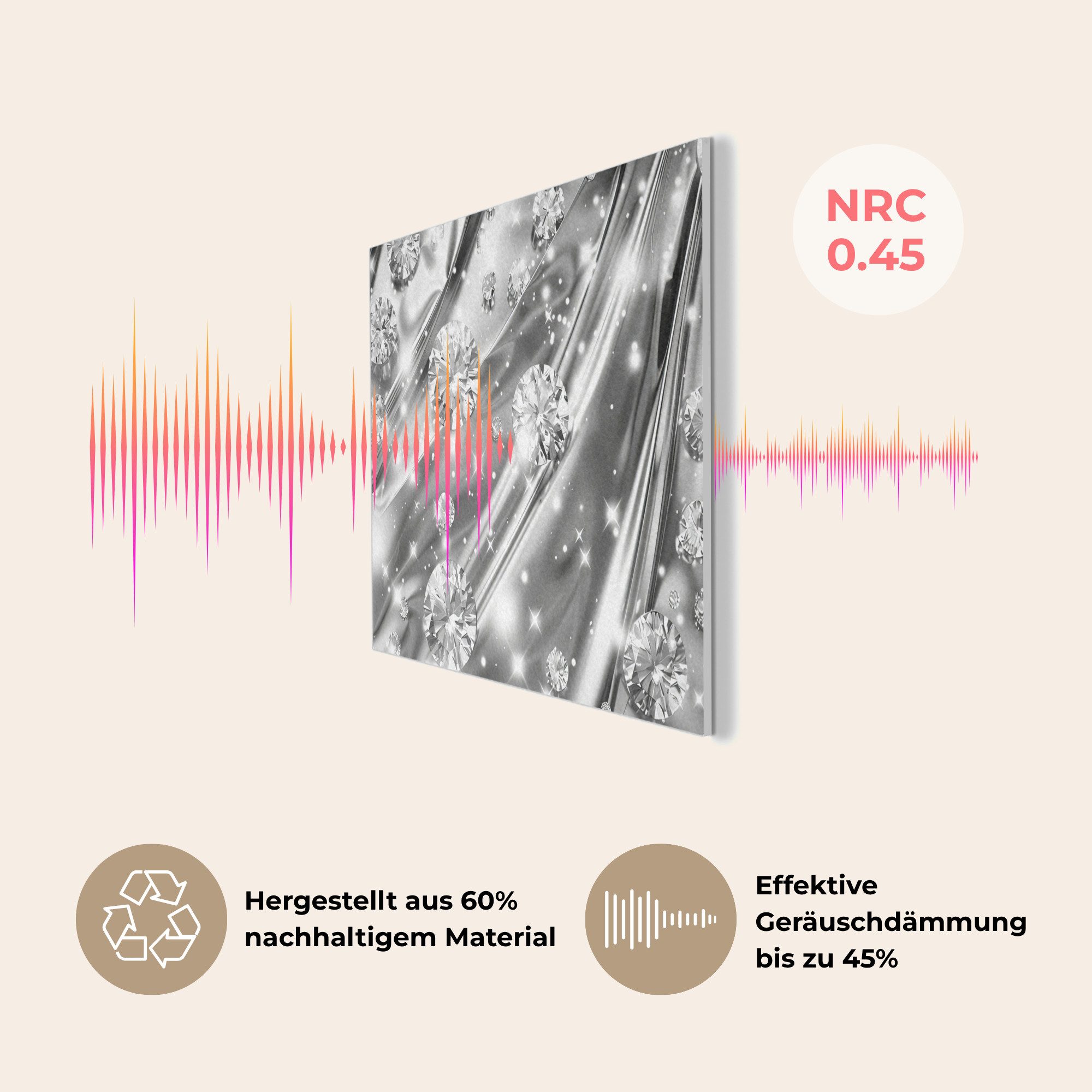 MuchoWow Gemälde Abstrakt - Diamant - Luxus - Modern - Silber, Fotodruck (1 St), Akustikpaneele PET-Filz, Akustikbild, Schalldämmung, Deko 40x30 cm