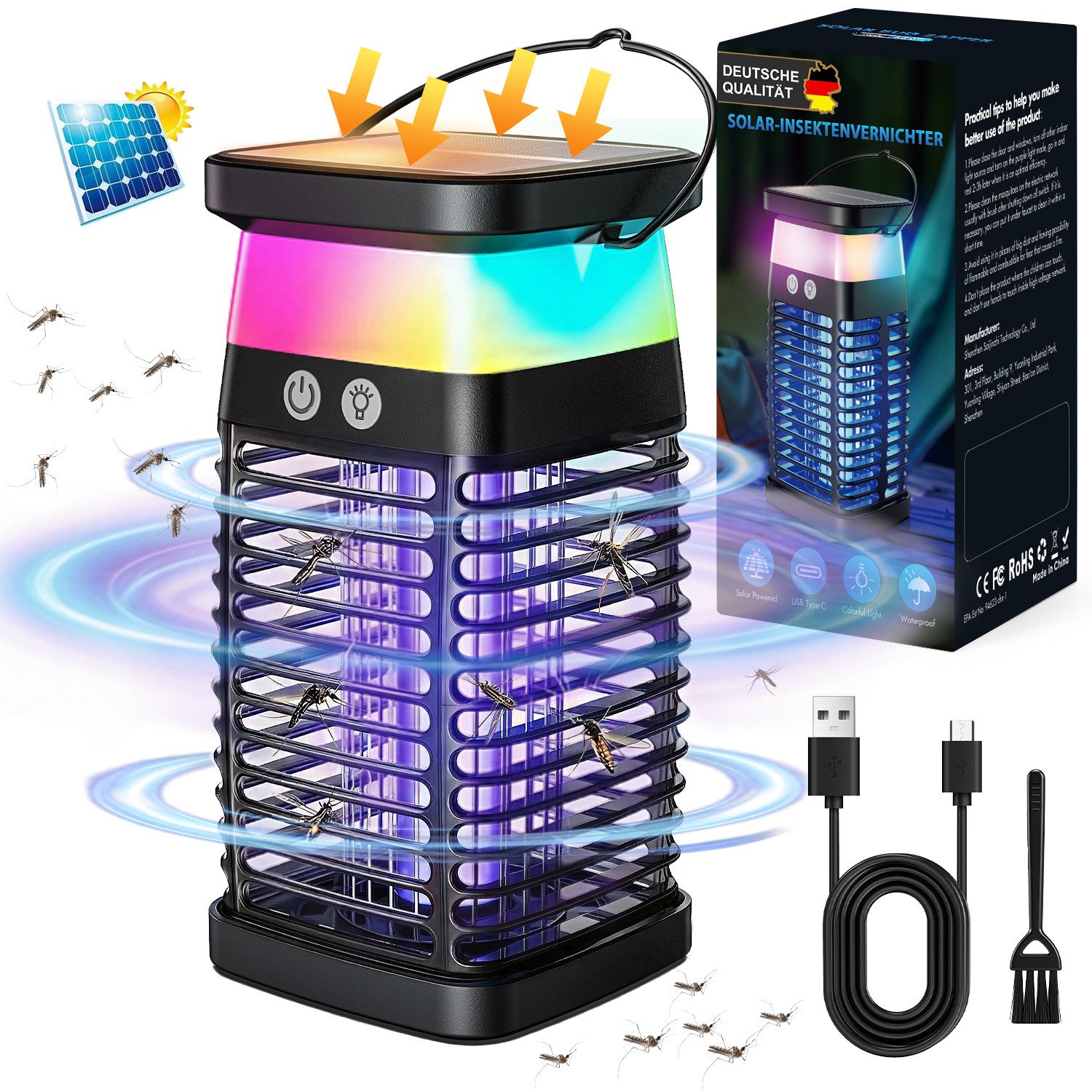 SWGOTA Insektenvernichter UV Insektenvernichter Solar 4200V, Mückenlampe Elektrisch, 360° Schutz, Insektenvernichter Elektrisch,Sicher,Wasserdicht & Leicht zu Reinigen