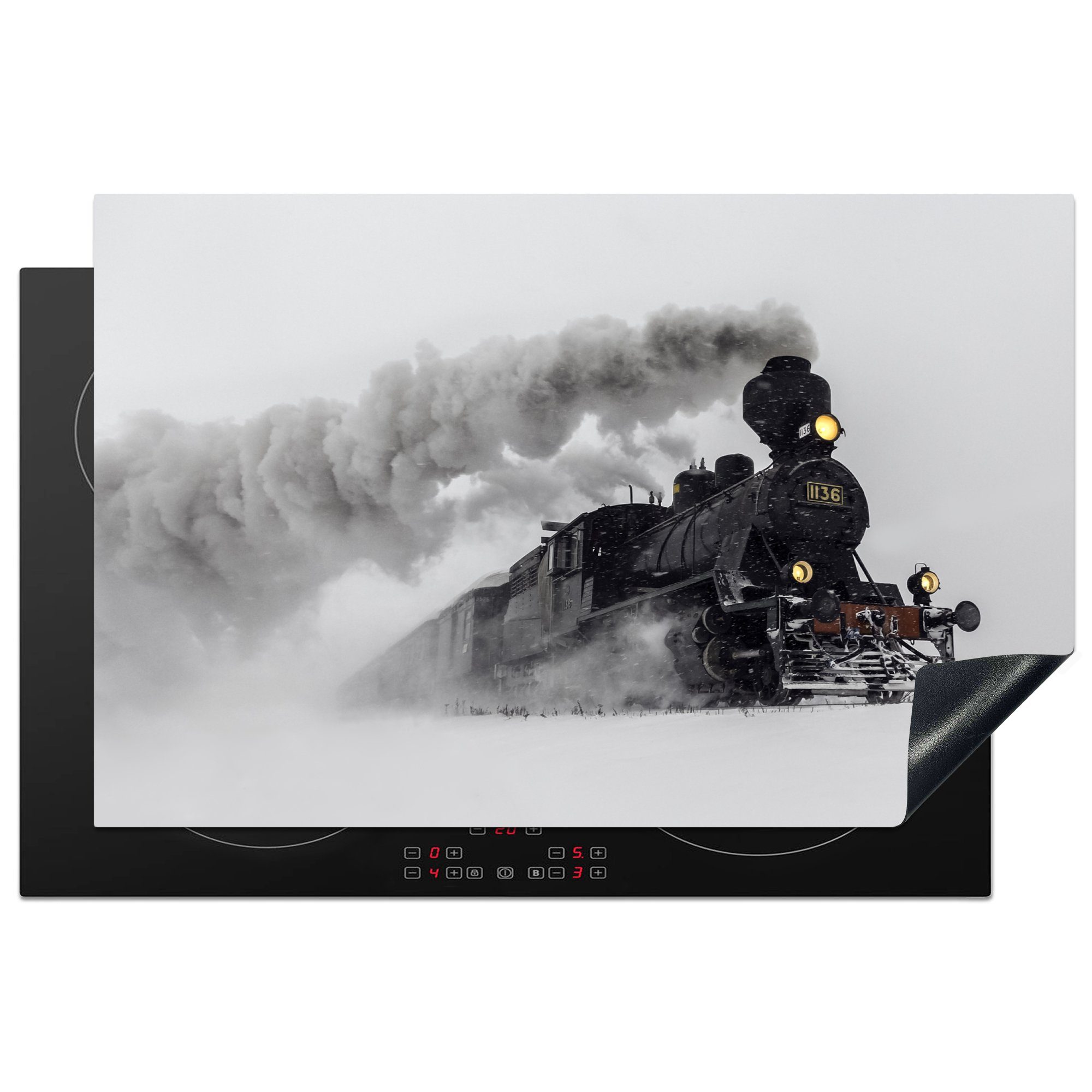 MuchoWow Herdblende-/Abdeckplatte Dampflokomotive im Schnee - liegend, Vinyl, (1 tlg), 81x52 cm, Induktionskochfeld Schutz für die küche, Ceranfeldabdeckung
