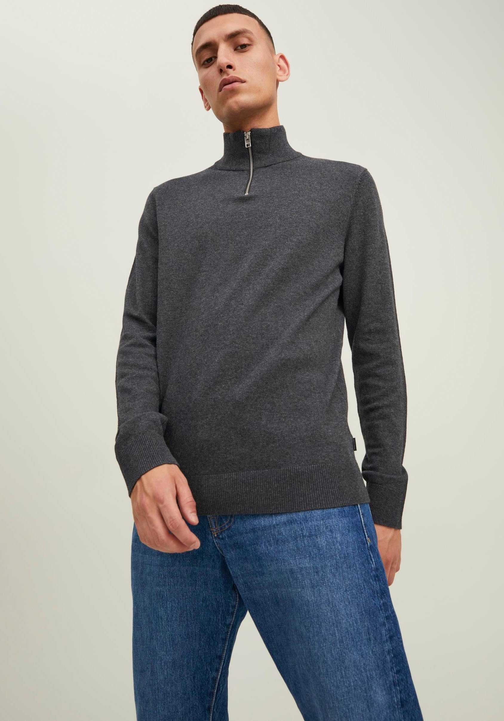 Jack & Jones Rundhalspullover EMIL KNIT HALF ZIP dunkelgrau meliert