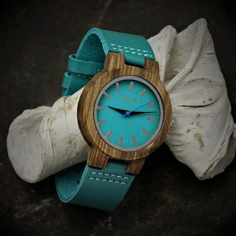 Holzwerk Quarzuhr LIL KAHLA kleine türkis & in Armband Holz Damen Uhr blau Leder braun &