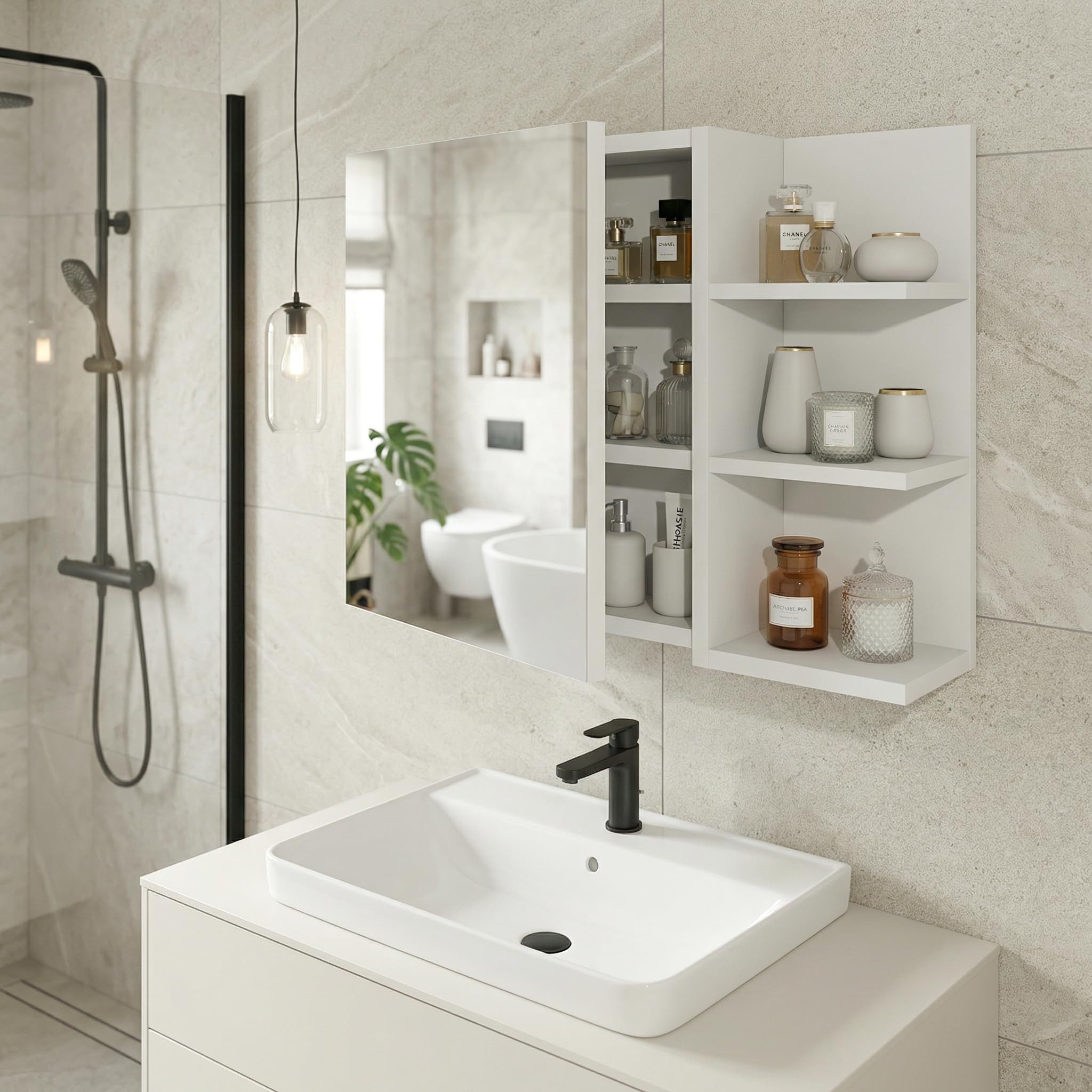 TREND WERK Spiegelschrank Badezimmer mit Ablage & Stauraum (59×16×50 cm Hängender Badezimmerschrank zur Wandmontage mit Regal) – modern & pflegeleicht – Bild 4 von 5