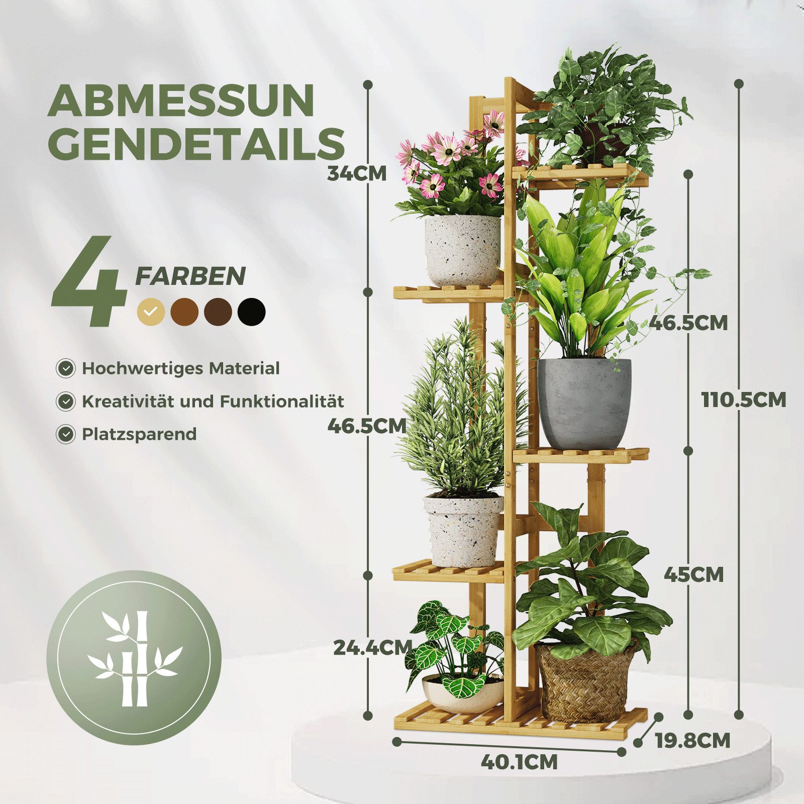 Bamworld Blumenständer 5-stöckig aus Bambus, Blumenregal, Pflanzenständer (1 St), Indoor Pflanzenregal für Terrasse, Garten, Balkon, Wohnzimmer