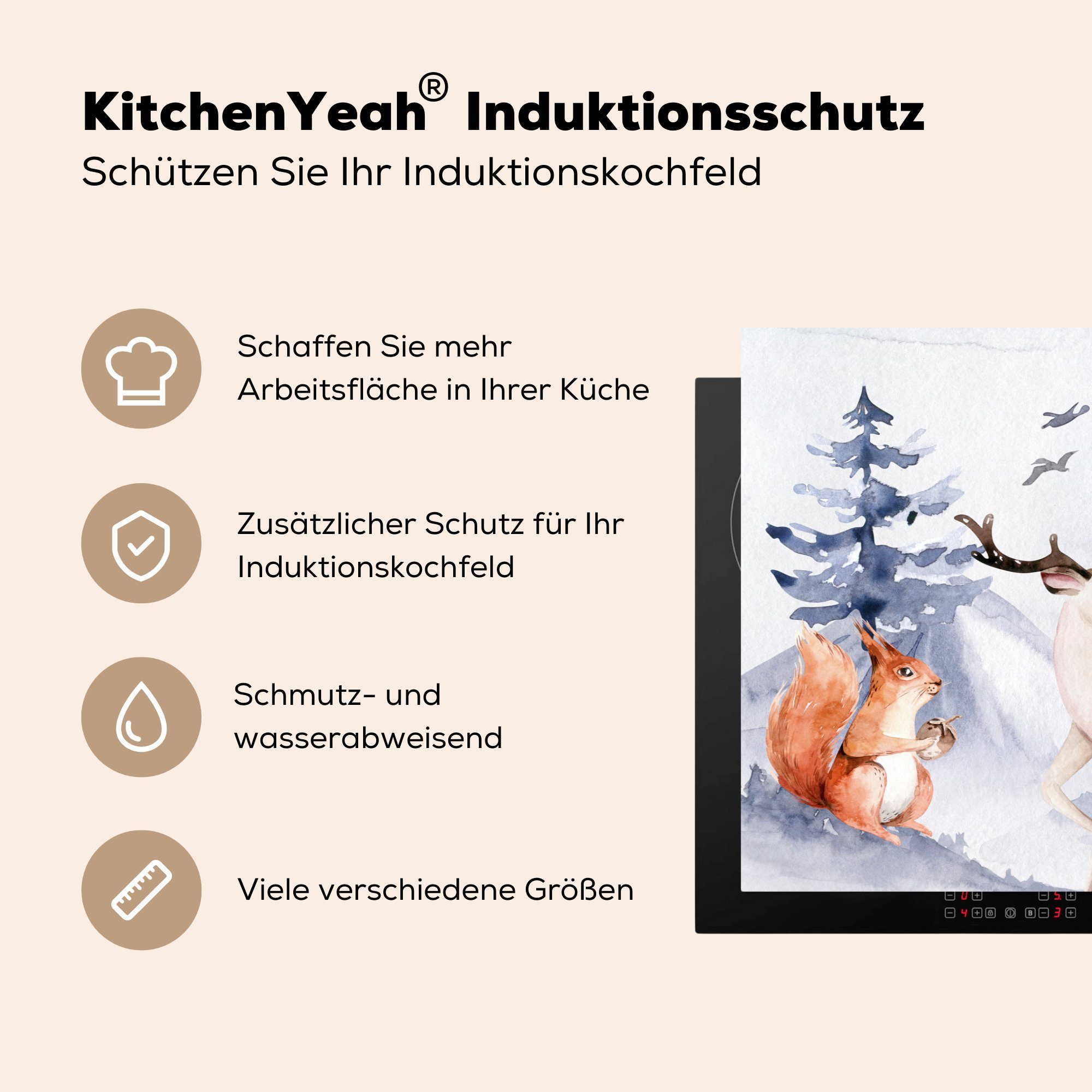 - - Schutz küche, Induktionskochfeld Vinyl, cm, Schnee die Hirsche, (1 Herdblende-/Abdeckplatte MuchoWow Winter 81x52 tlg), Ceranfeldabdeckung für
