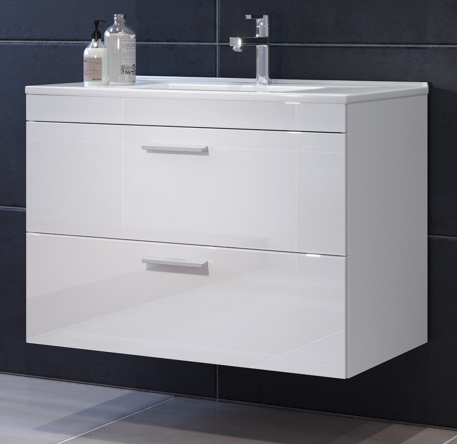 Furn.Design Waschtisch Aura (Set Waschbeckenunterschrank inkl. Keramik Waschbecken, Weiß Hochglanz, 81 x 59 cm), mit 2 Vollauszug-Schubkästen