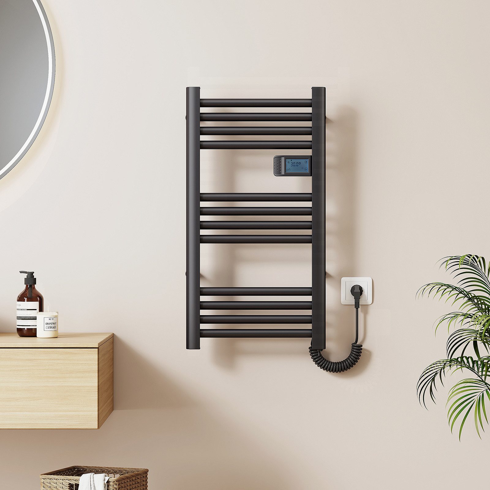 EMKE Elektrischer Badheizkörper Gerade mit Intelligenten Thermostat LED-Temperatur Time Disaplay, Handtuchtrockner aus Aluminium 4 Modi Kindersicherung