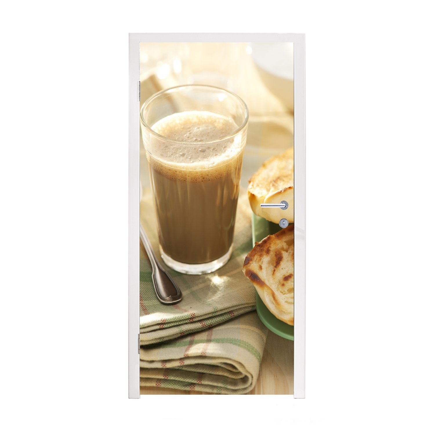 MuchoWow Türtapete Latte Macchiato mit Butter und Brot, Matt, bedruckt, (1 St), Fototapete für Tür, Türaufkleber, 75x205 cm