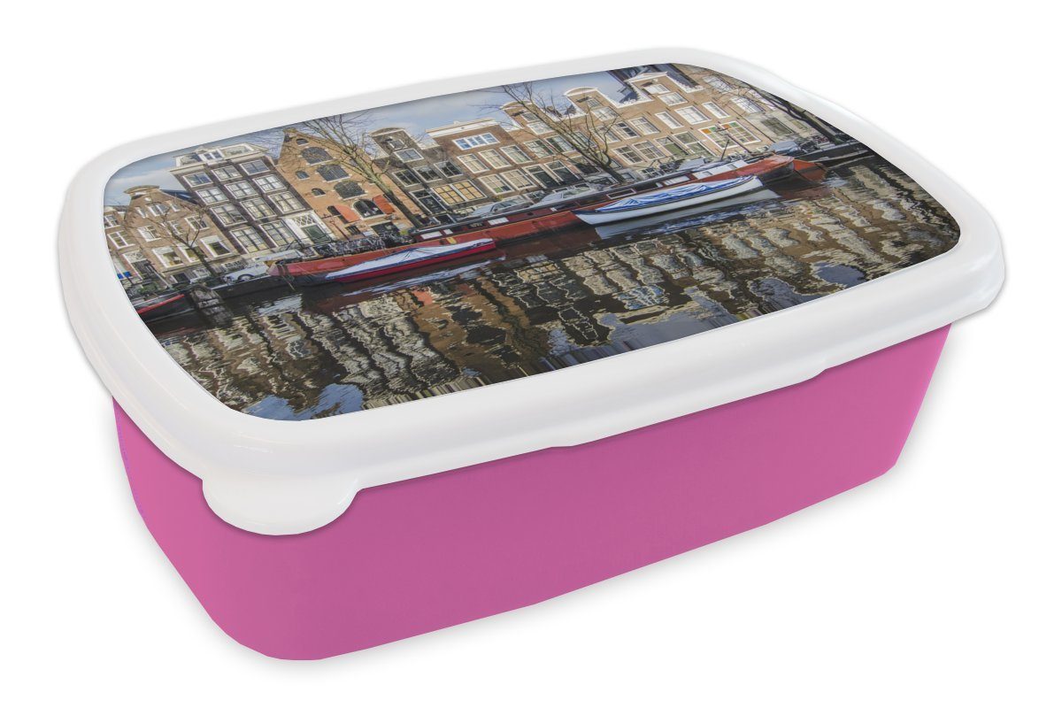 MuchoWow Lunchbox Ein rotes Brotbox Kunststoff Mädchen, der (2-tlg), für Brotdose Amsterdam, Kinder, rosa Hausboot von Gracht Snackbox, in Kunststoff, Erwachsene