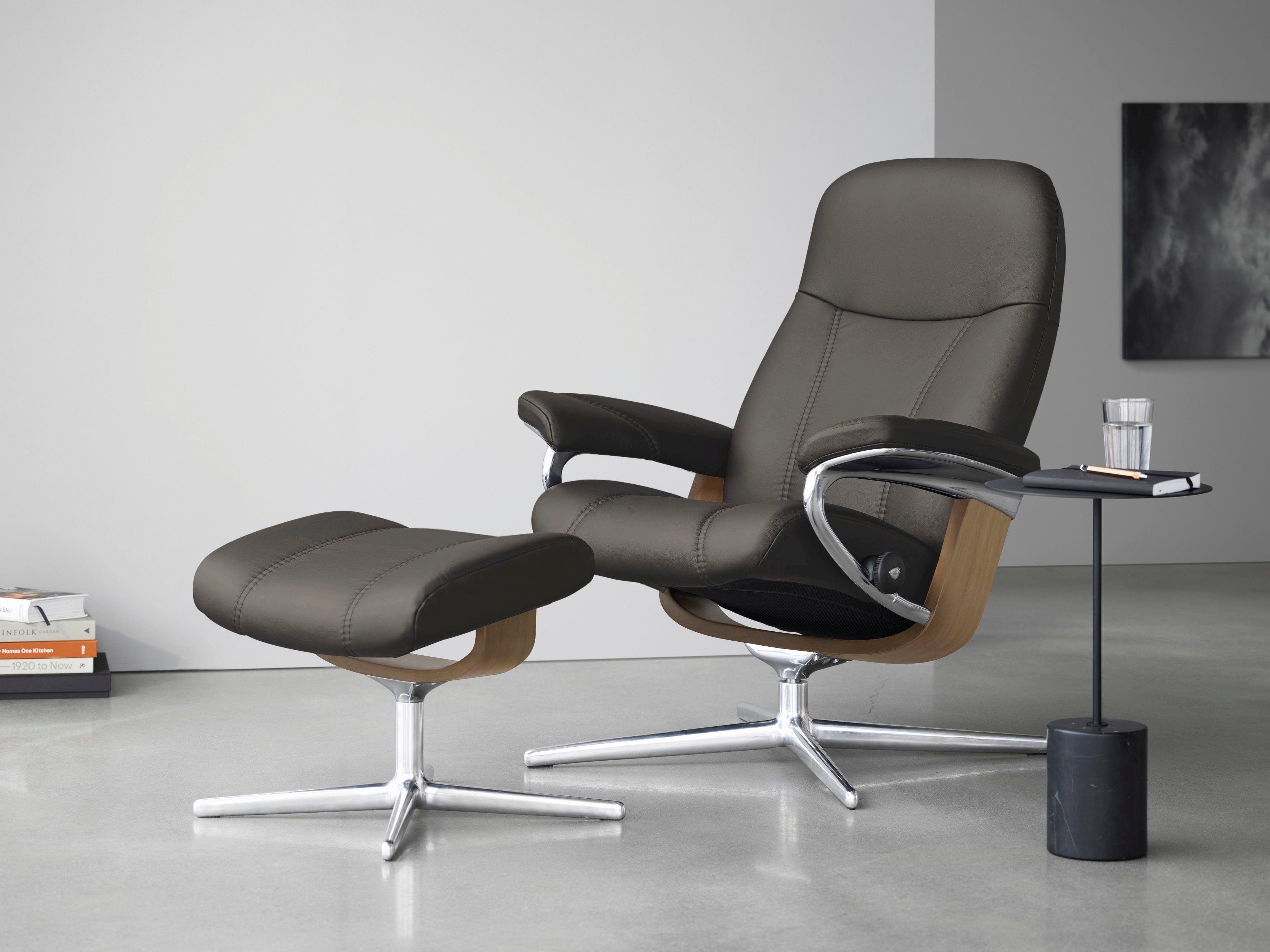 Stressless® Relaxsessel Consul (Set, Relaxsessel mit M Holzakzent L, & S, mit Hocker, mit Base, Hocker), Cross Eiche Größe