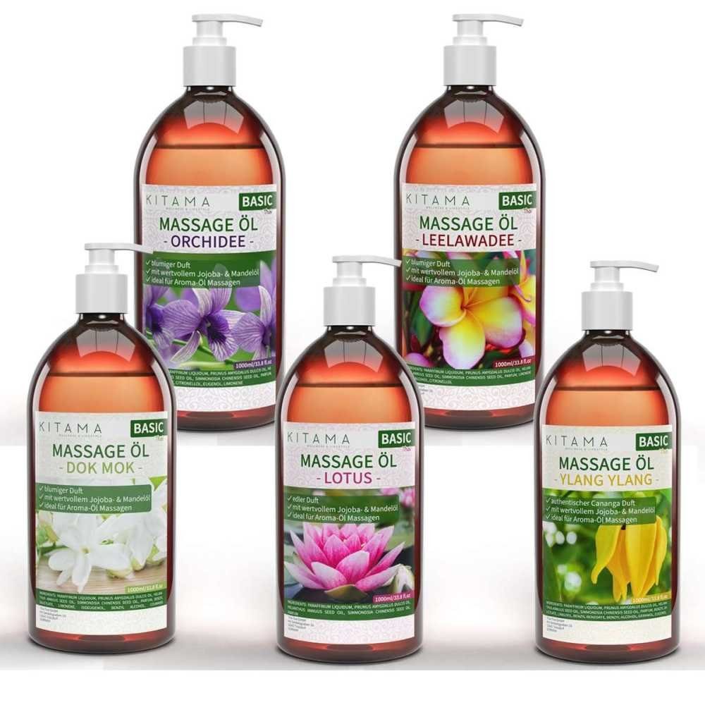Kitama Massageöl mit Aroma Set, 5 Düfte: Lotus Orchidee Dok Mok Ylang Ylang Leelawadee 5 x 1000ml