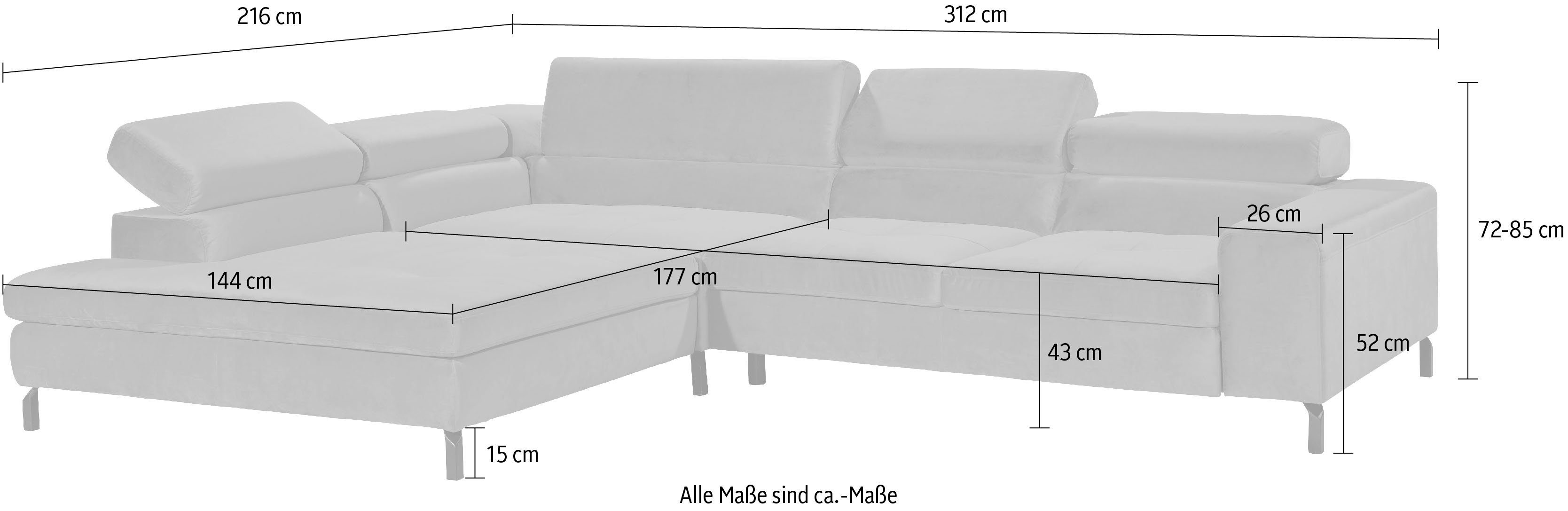 GALLERY by Wahlweise Sitzhöhe Musterring inkl. M Sitzvorzug, Felicia Ecksofa mit 43 Kopfteilverstellung, Due, branded cm
