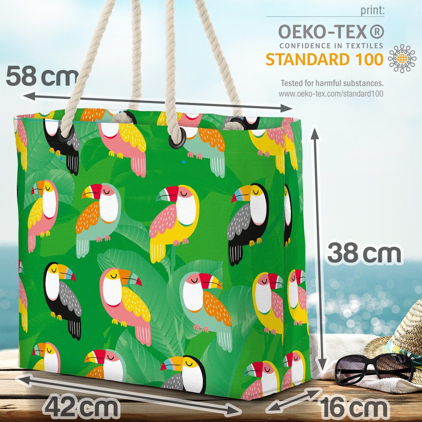 VOID Strandtasche (1-tlg), Tukan Vögel Tropen Muster tropisch Bag Safari Beach Urlaub Federn Safari