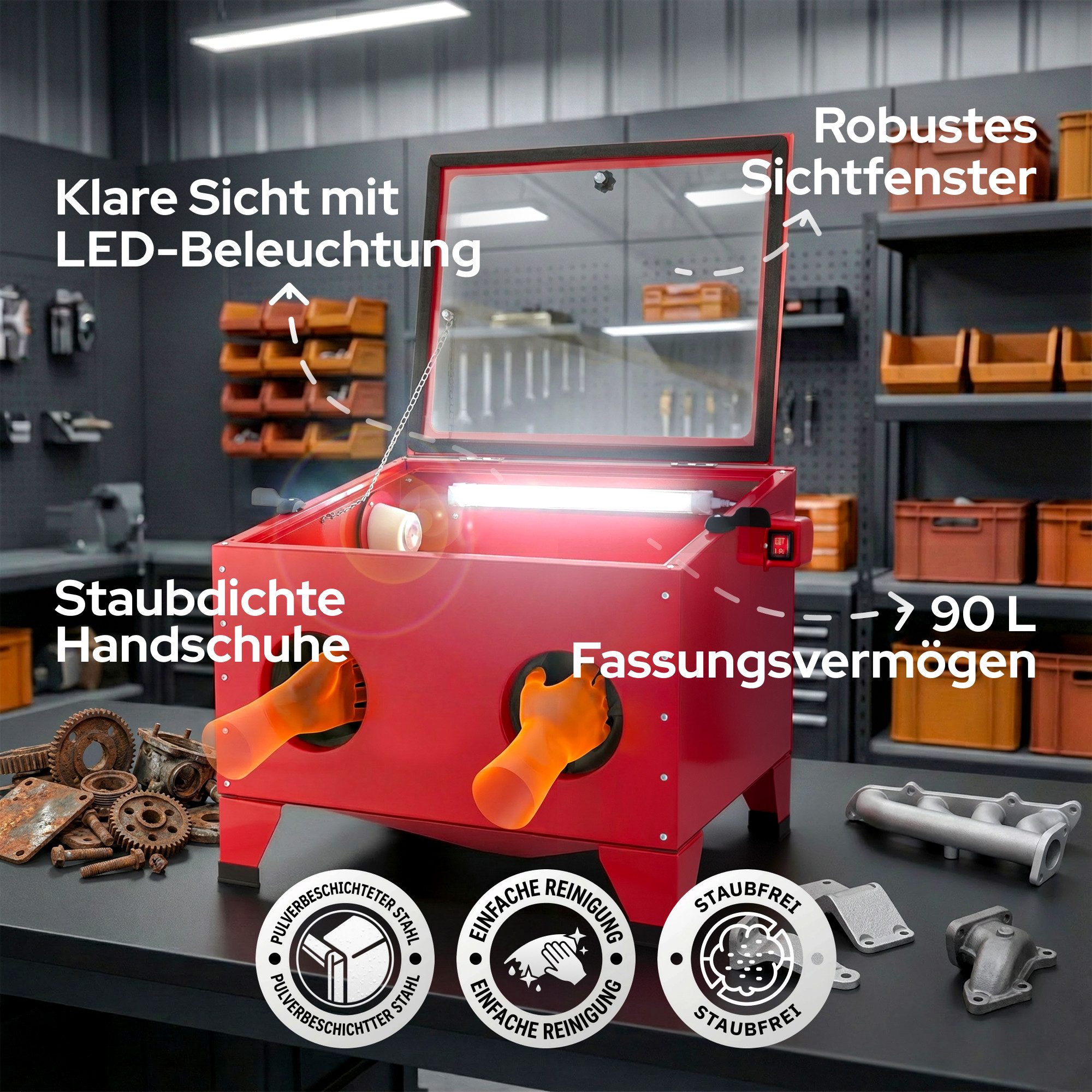 Arebos Sandstrahlkabine 90 Liter, inkl. Strahlpistole, Sichtfenster + 5 Ersatzfolien, 90,00 l, max. 5 bar, Set