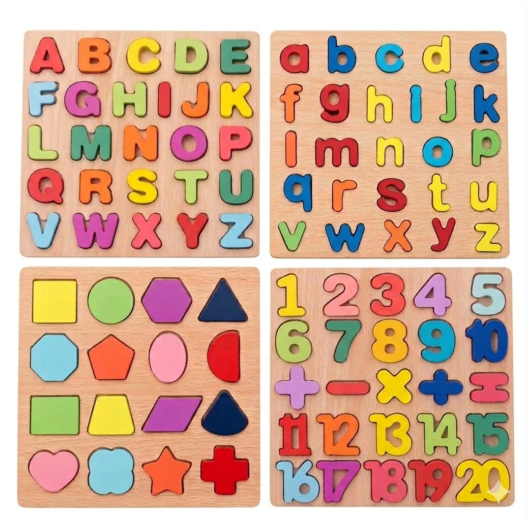White Fox Studio Steckpuzzle 4er Montessori Puzzle Set – ABC, Zahlen & Formen, Lernspiel aus Holz, 93 Puzzleteile, Erst Motorik, dann Buchstaben und Zahlen lernen