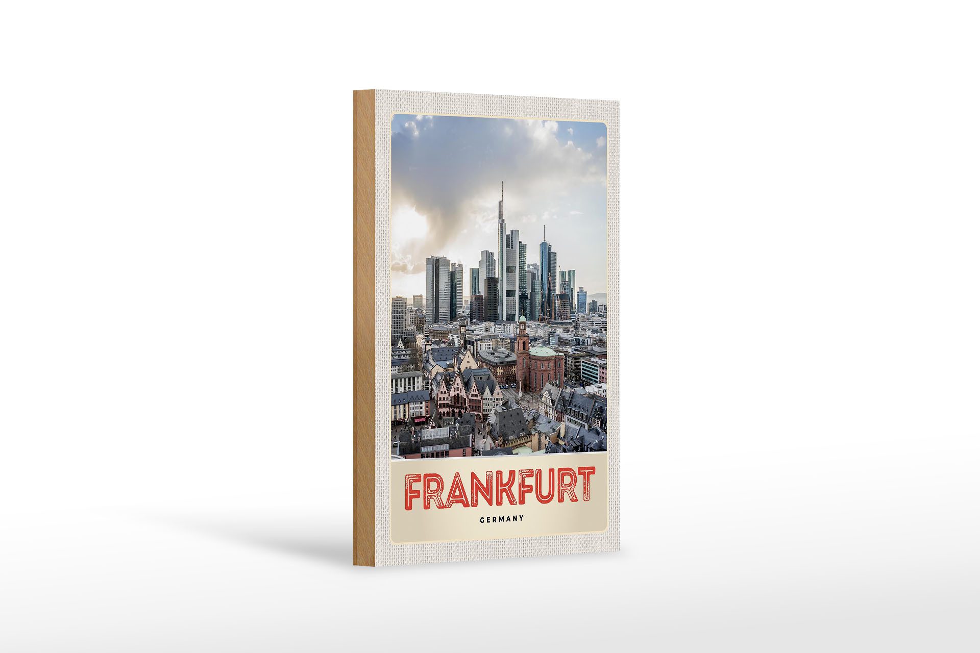 Femer GmbH Holzbild Reise 12x18 cm Frankfurt Stadt Hochhäuser Altstadt, (1 St), Glatte Holzfaserplatte (MDF), vorn beschichtet