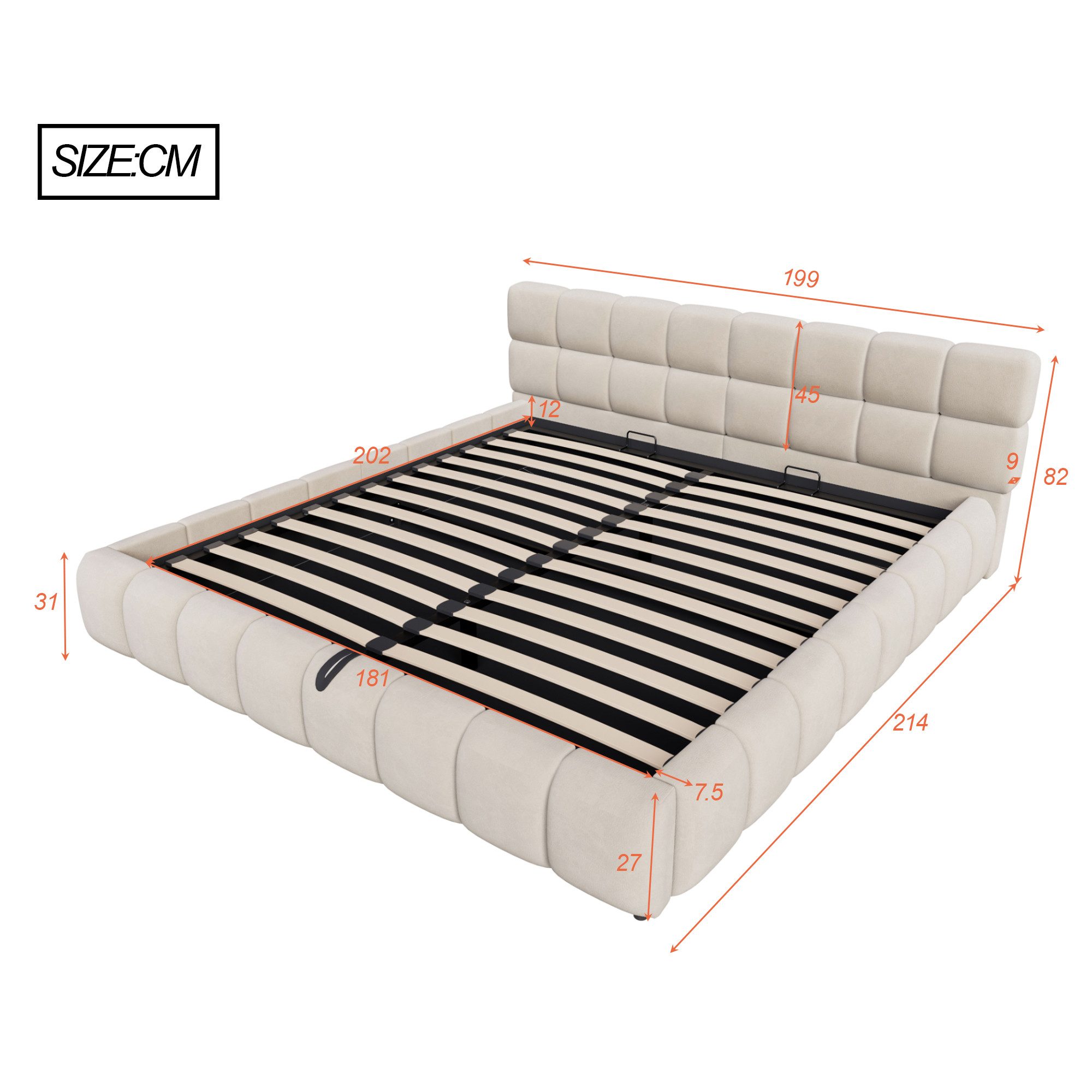 Merax Polsterbett mit LED-Licht & hydraulischem Stauraum (1-tlg), Doppelbett 180×200cm mit voluminösem Kopfteil, Mehrzweckbett, Samt – Bild 5 von 5