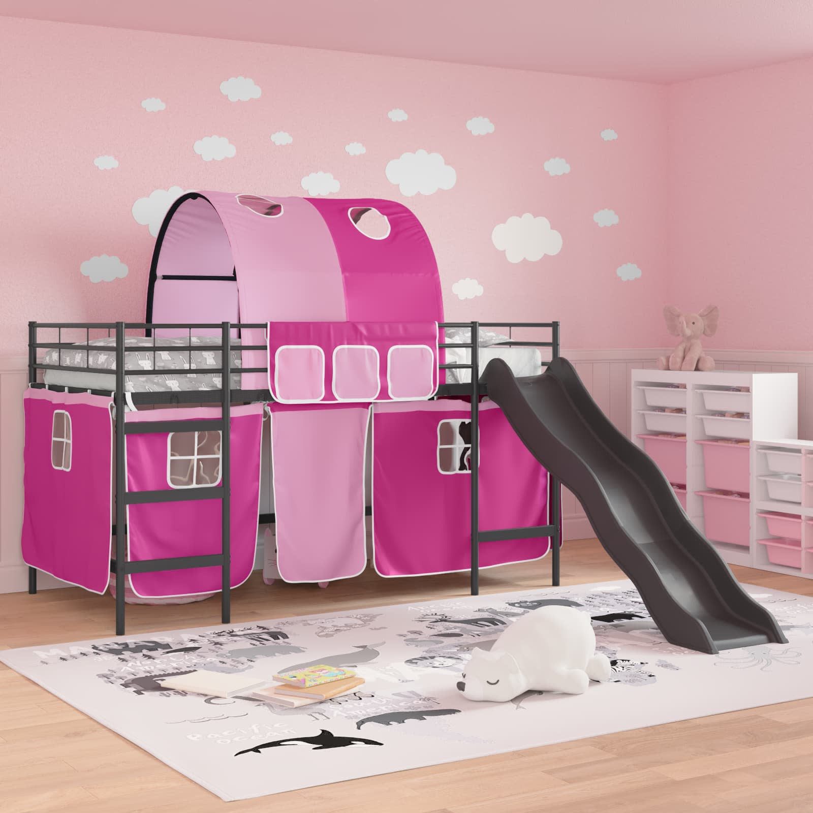 vidaXL Bett Etagenbett für Kinder mit Vorhängen Uni Schwarz und Pink Metall (1-tlg)