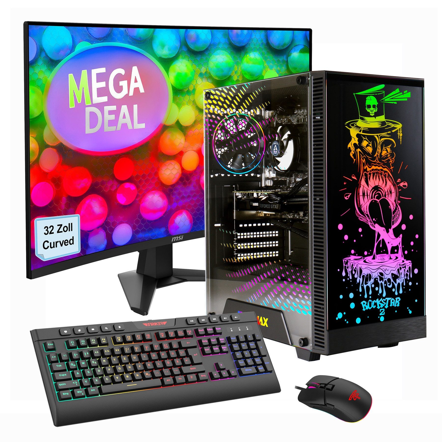 GAMEMAX MegaDeal Rockstar SET2650 Gaming-PC-Komplettsystem (32", AMD Ryzen 7 5700X, RTX 5060 Ti, 32 GB RAM, 1000 GB SSD, Windows 11 + MSI MAG 32C6 Curved Monitor, 80cm (32)