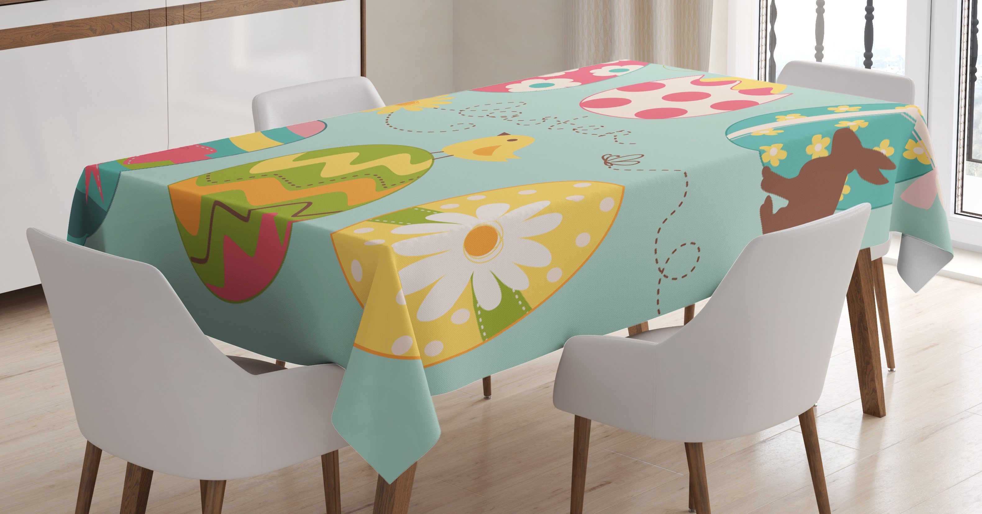 Abakuhaus Tischdecke Farbfest Waschbar Für den Außen Bereich geeignet Klare Farben, Ostern Blumen Zigzags Linien