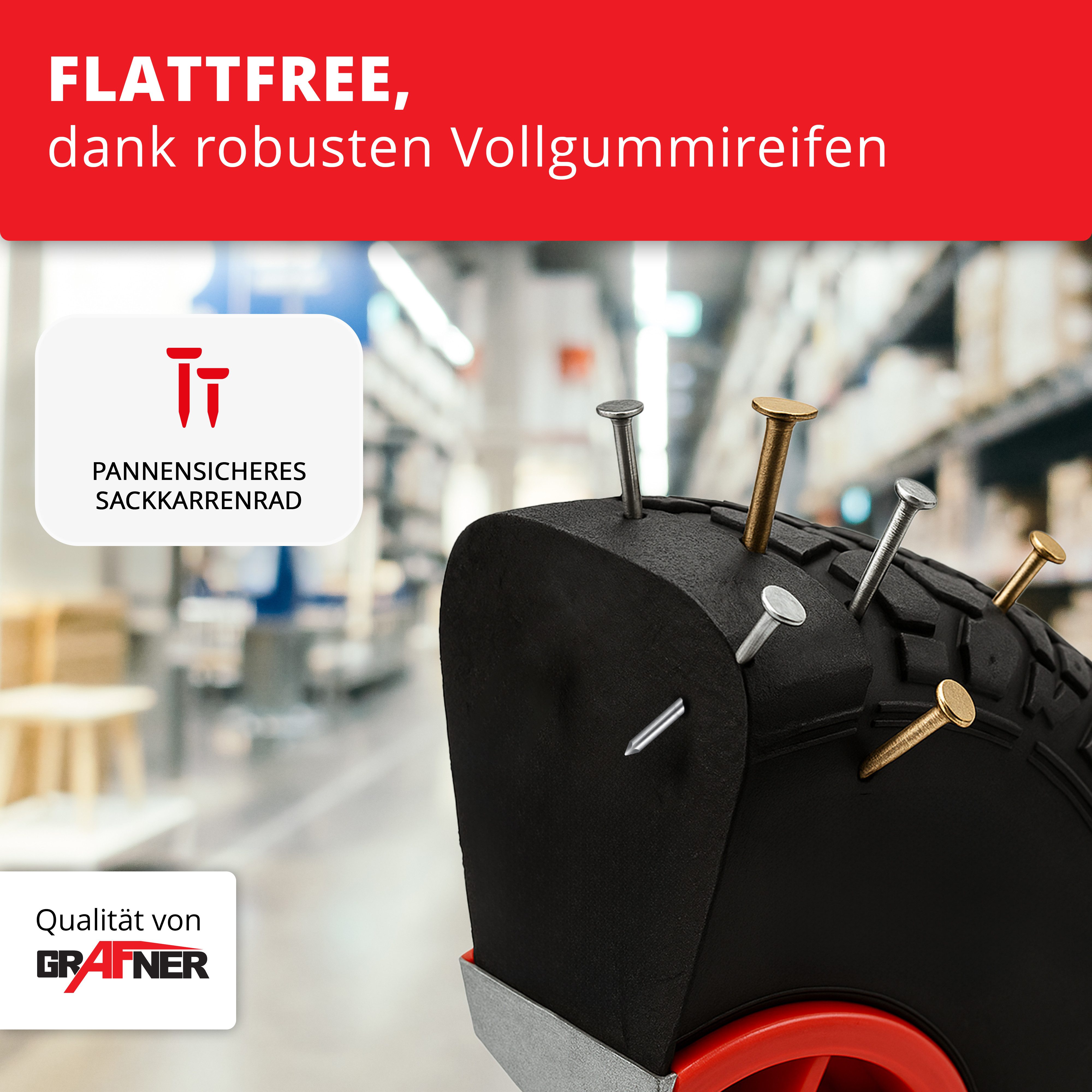 Grafner hand truck, 200kg capacity, extendable/foldable, solid rubber tires, FlatFree, foldable