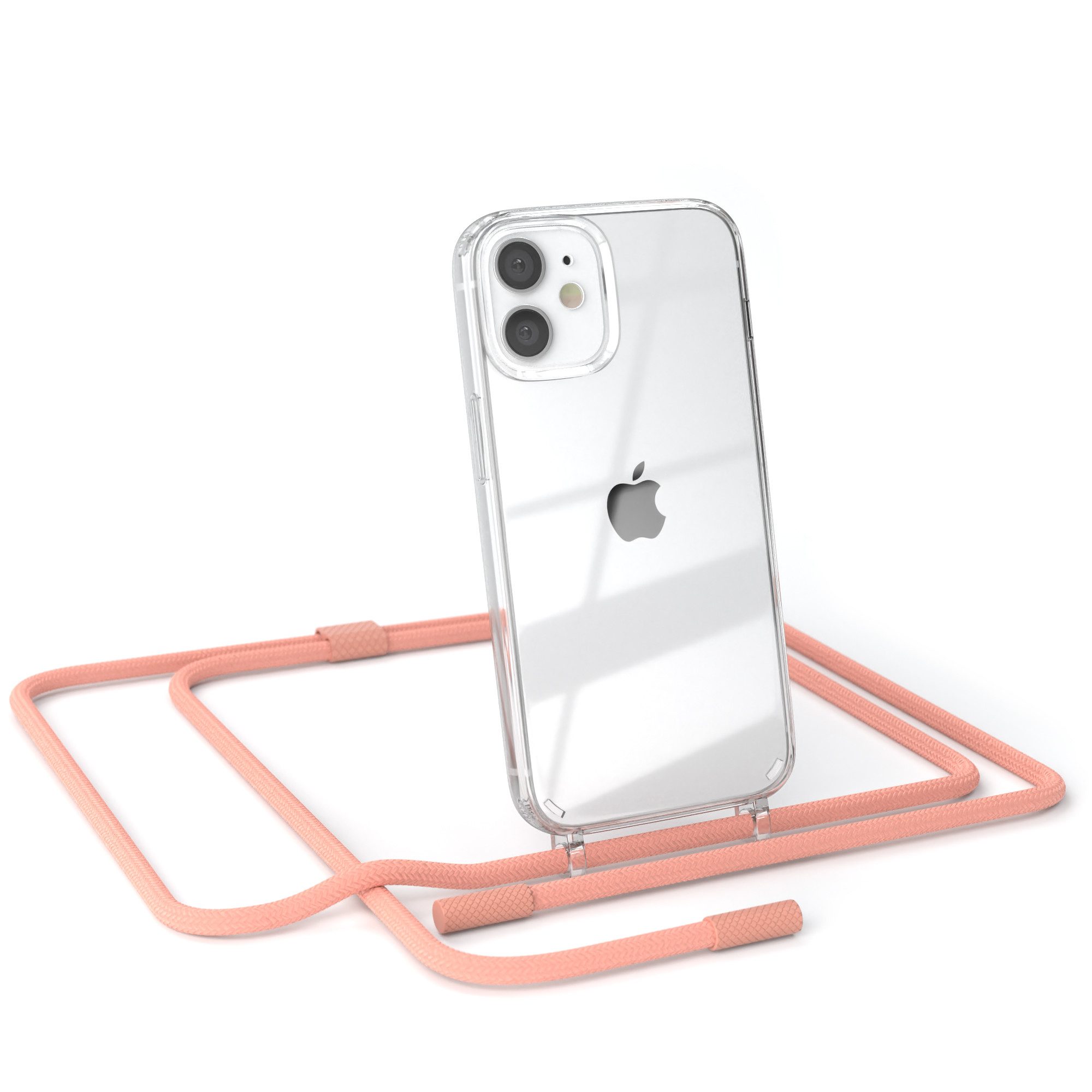 EAZY CASE Handykette Silikon Kette Unifarbe für Apple iPhone 12 Mini 5,4 Zoll, Hülle mit Band 2in1 Handyband Etui Case mit Kordel Altrosa Koralle