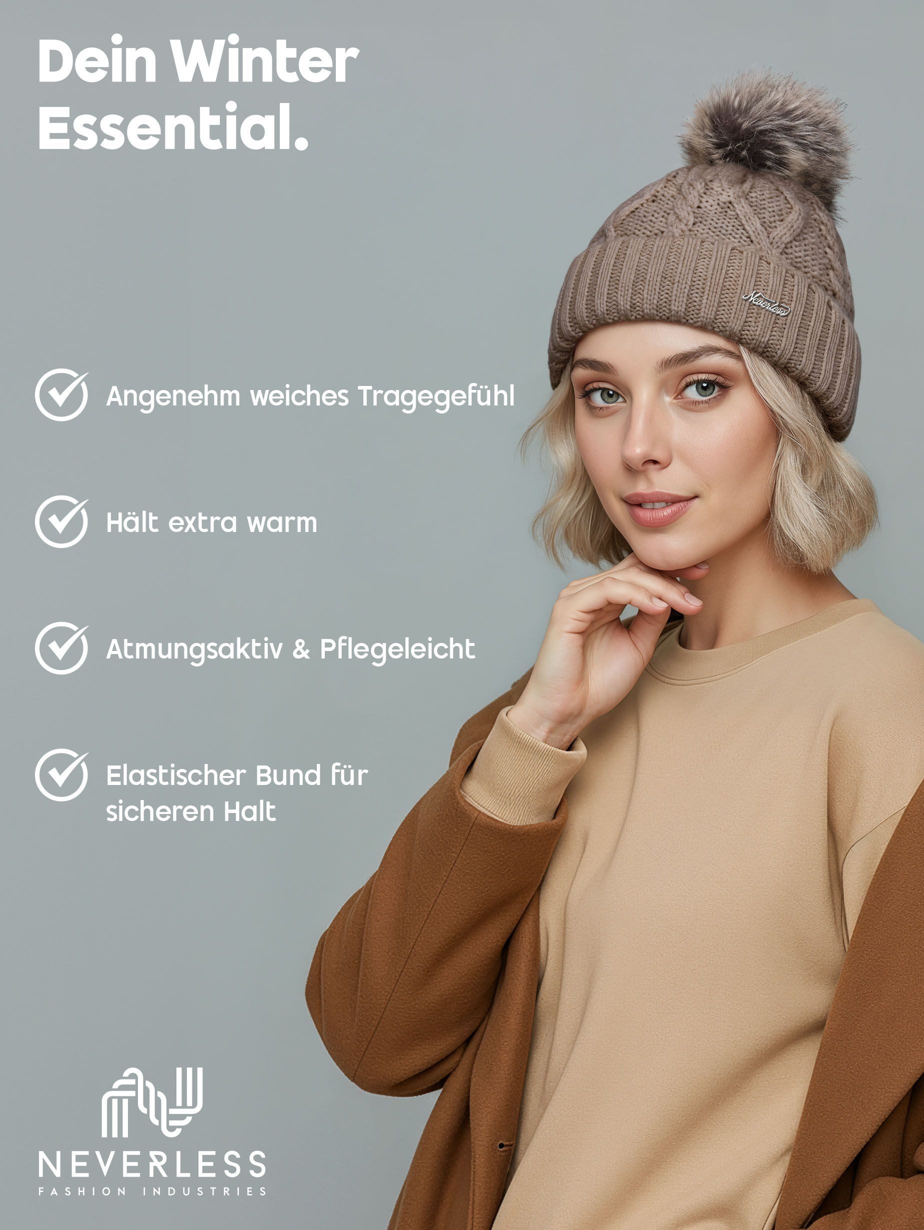 Neverless Bommelmütze gefütterte Damen Strickmütze Fell-Bommel Fleece-Futter Kunstfell