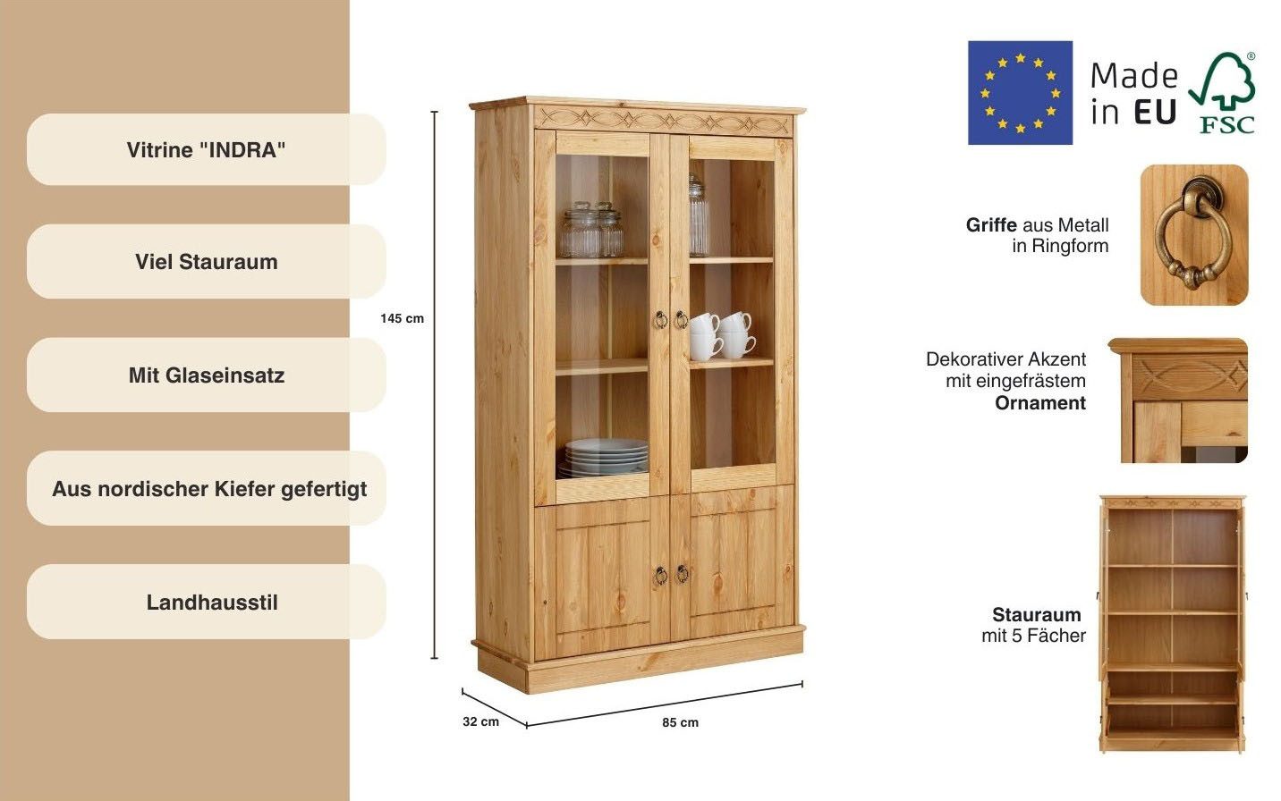 OTTO home Vitrine Indra aus massiver Kiefer, FSC®, Höhe 145 cm, dezentes Ornament