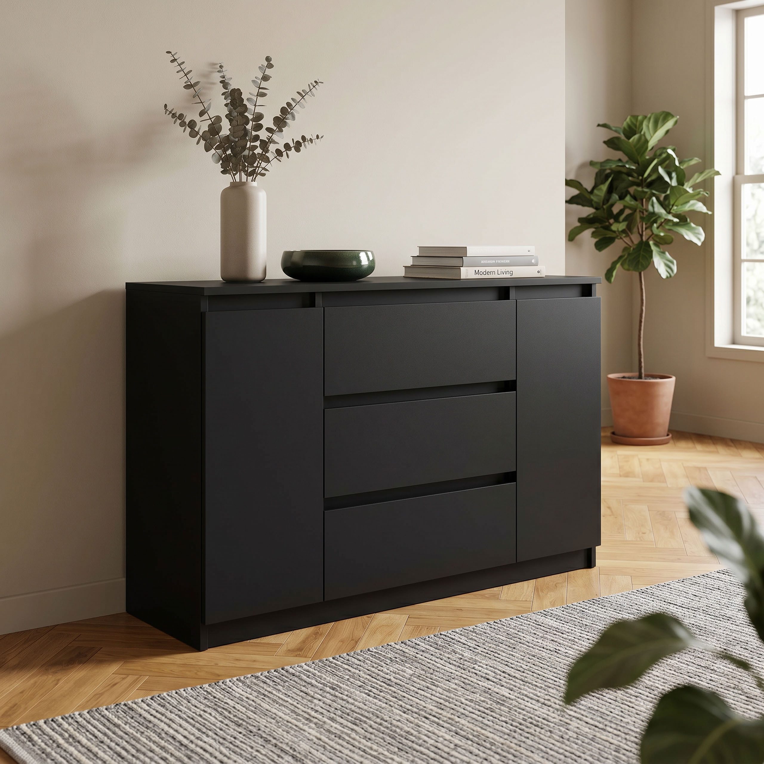 Masseno Kommode NUDO 120 cm Sideboard mit 3 Schubladen und 2 Türen Schwarz – Bild 5 von 5