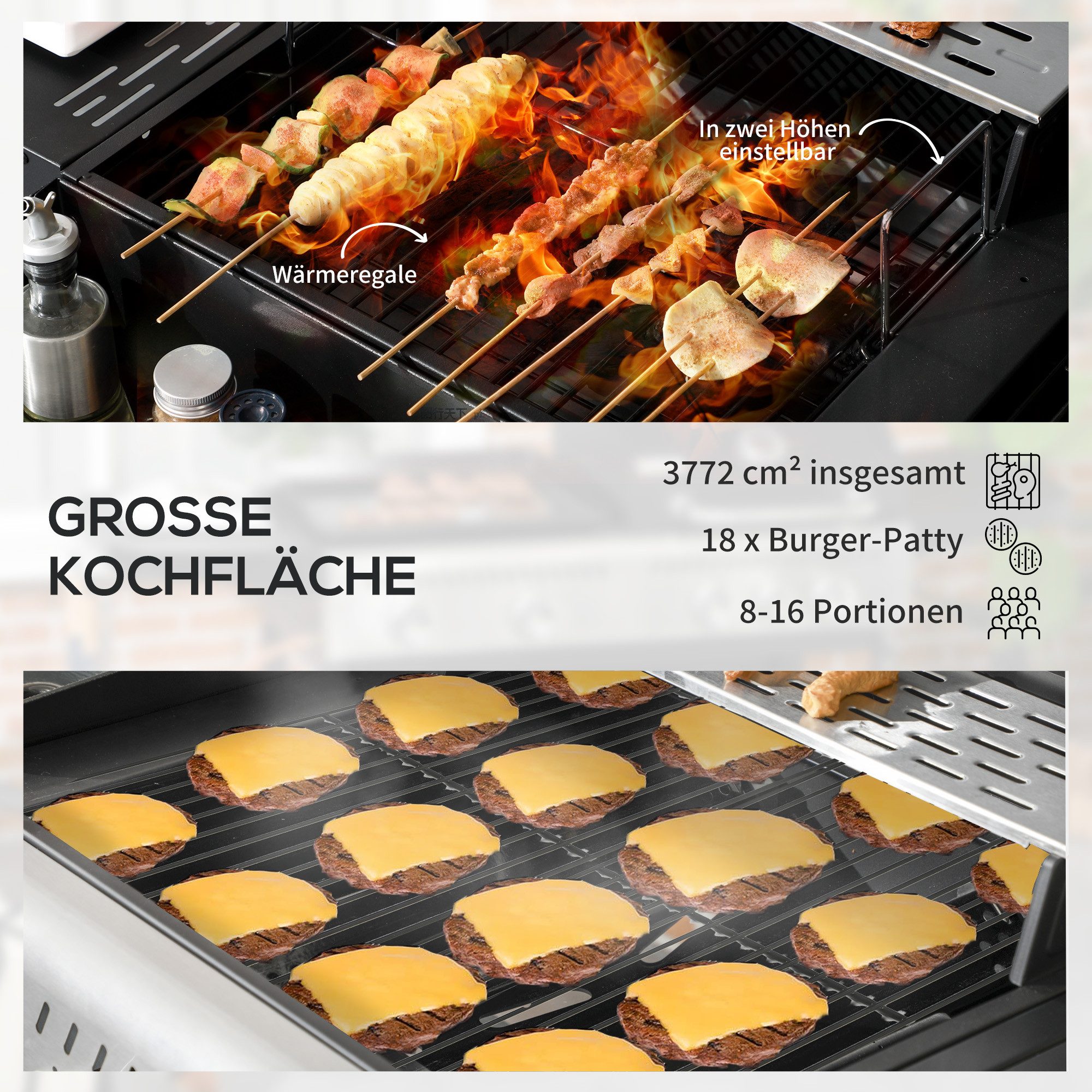 Outsunny Gasgrill Grillwagen mit 2+1 Brenner, Thermometer, 3kW BBQ, Holzkohlgrill, Campinggrill, für Garten, Balkon, Schwarz – Bild 5 von 5