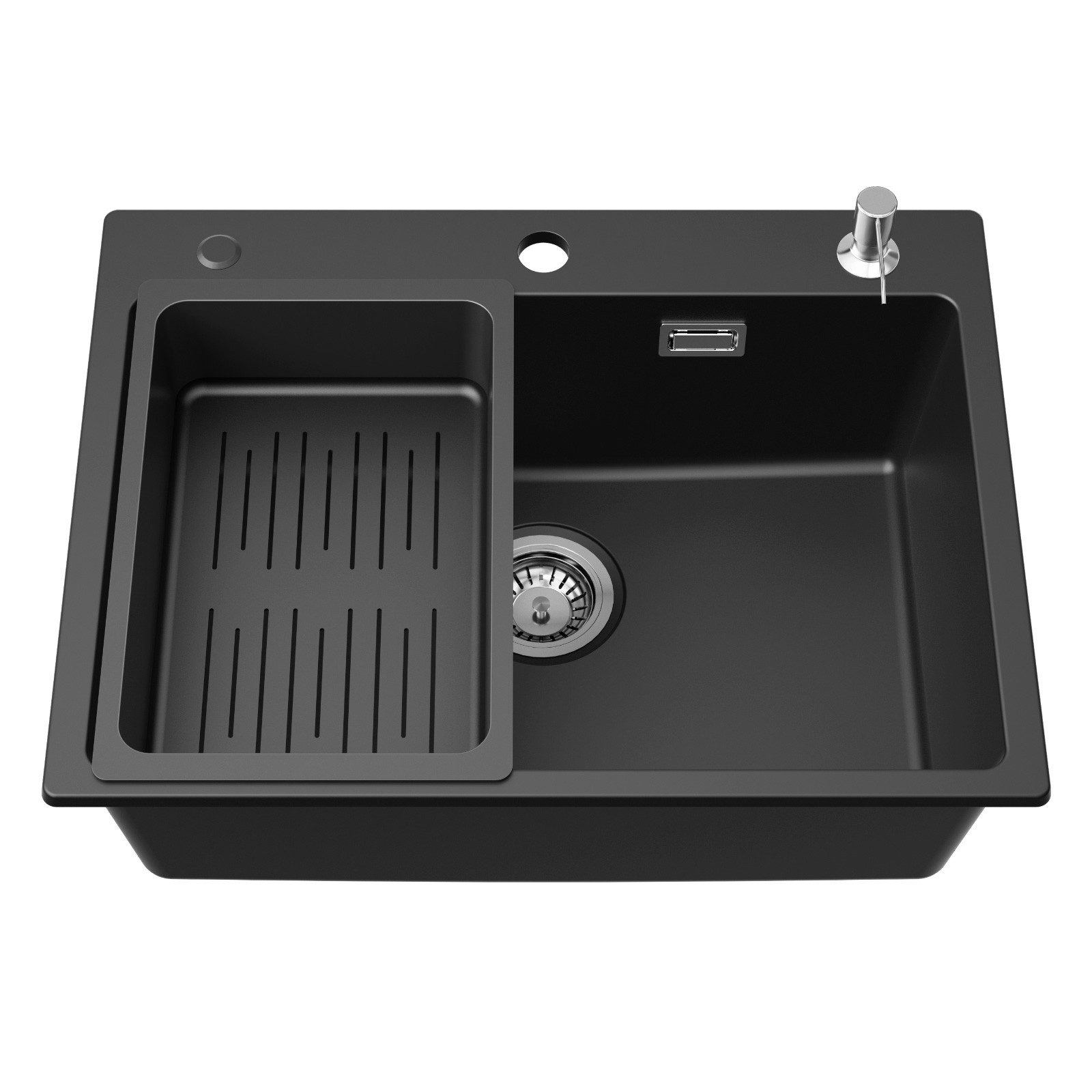 CECIPA MAX Granitspüle Küchenspüle Granit mit Abtropfkorb und Seifenspender AufsatzSpüle, 60×45cm, 60/45 cm, spüle küche Spülbecken, 60×45cm/70×45cm