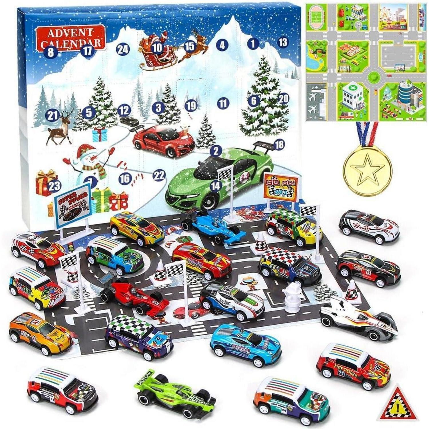 LuxusKollektion Spielzeug-Adventskalender Adventskalender Auto Rennspielzeug Medaille Straßenschild Rennauto