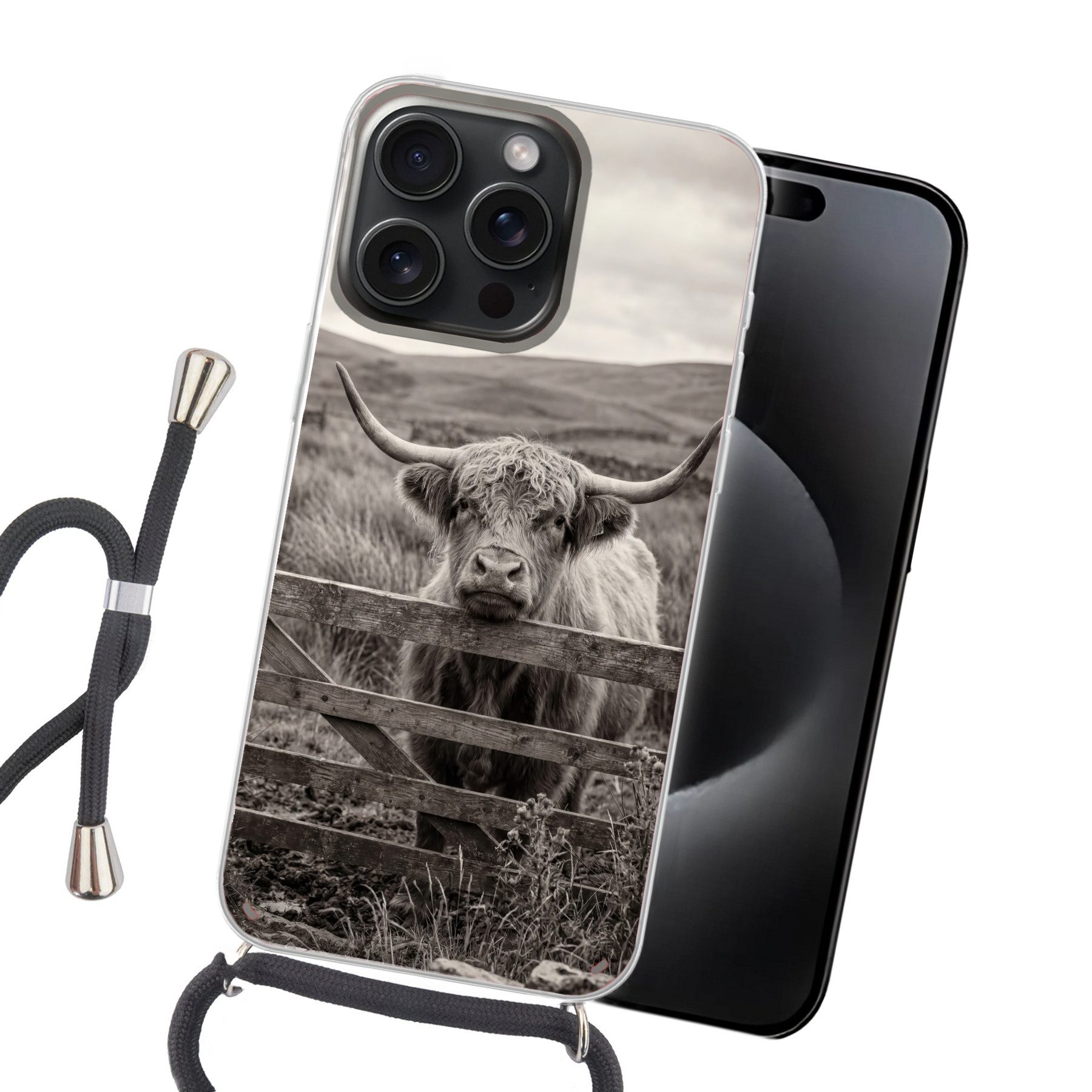 MuchoWow Handyhülle für Apple iPhone 15 Pro Max Schottischer Highlander - Schwarz - Weiß -, Tragbare Handyhüllen mit Kette zum umhängen, Handykette Handyband