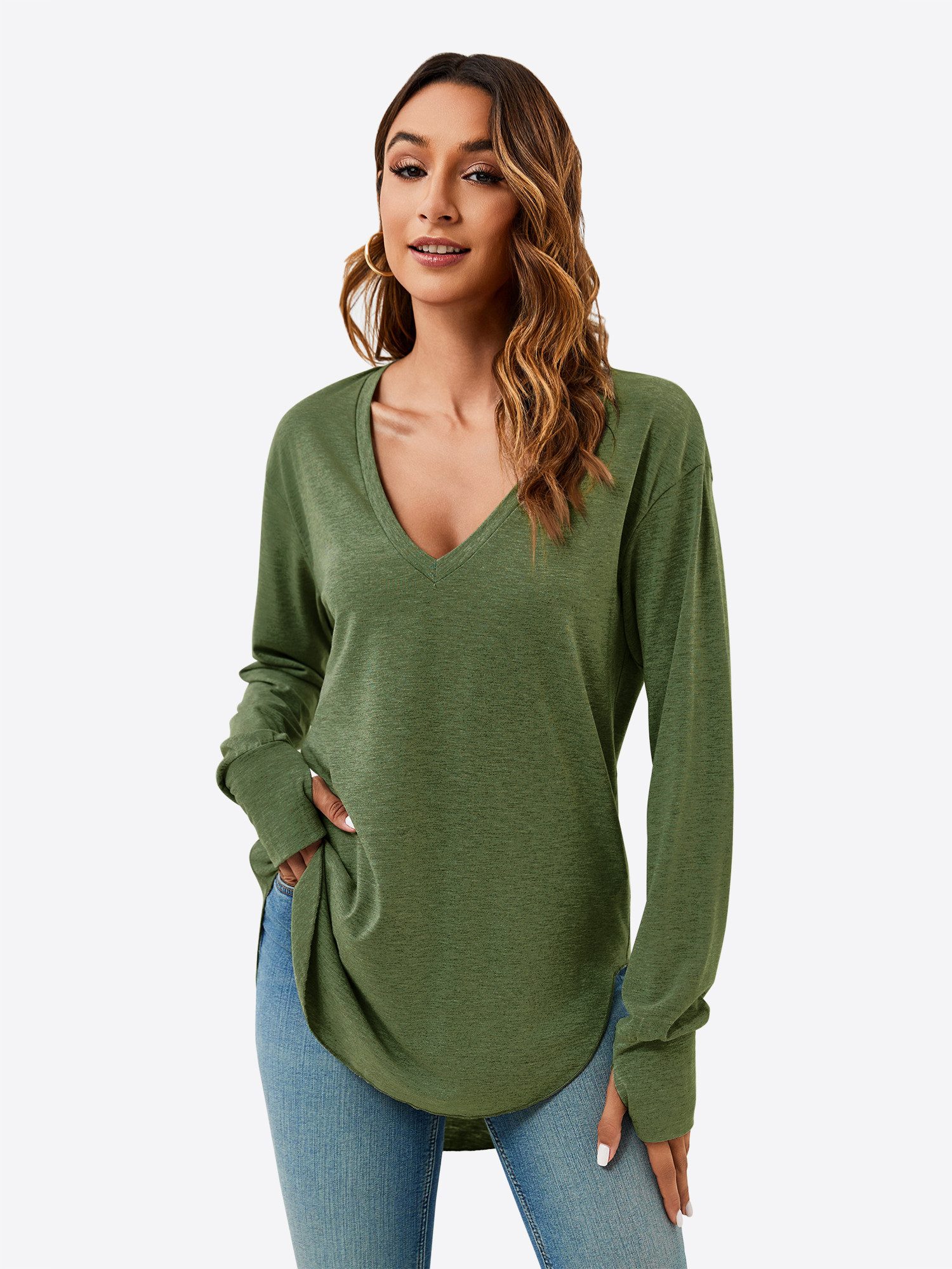 Imily Bela T-Shirt Damen Langarmshirt Oversize mit tiefer V-Ausschnitt (Pac günstig online kaufen