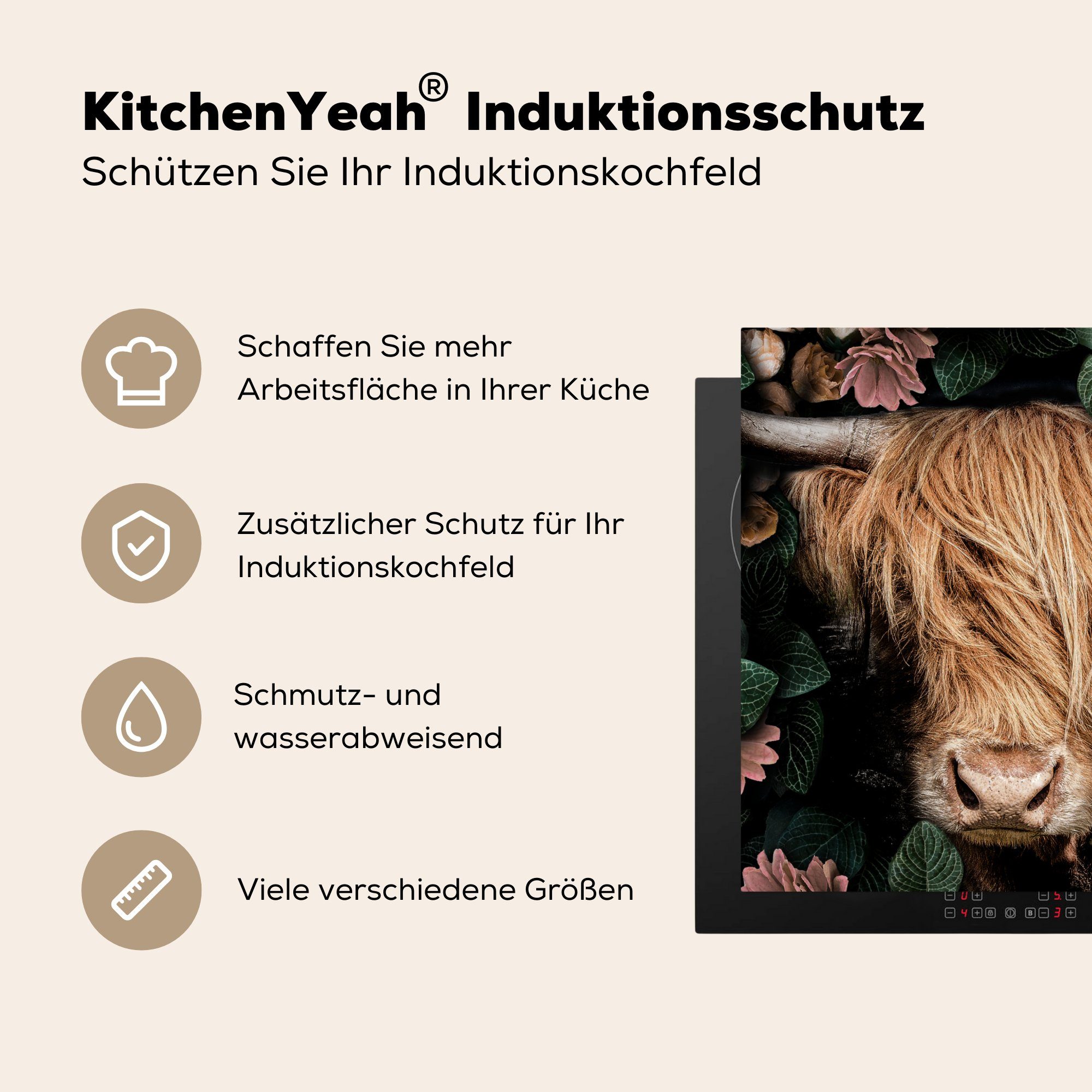Kuh, Herdblende-/Abdeckplatte für tlg), küche MuchoWow - Blumen Ceranfeldabdeckung, cm, Schottischer Vinyl, Highlander 78x78 (1 - Arbeitsplatte
