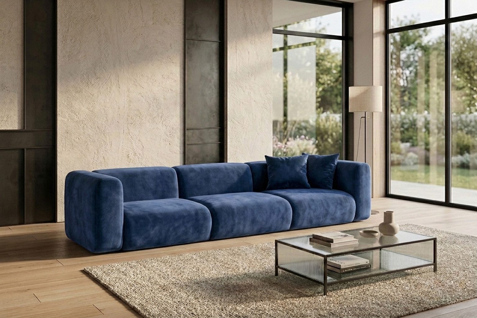 Kaiser Möbel Sofa 3-Sitzer für das Wohnzimmer aus Velvet-Stoff Bluvel GRETA, Modulares Design,Samtweicher Velvet-Bezug,2 Dekokissen inklusive
