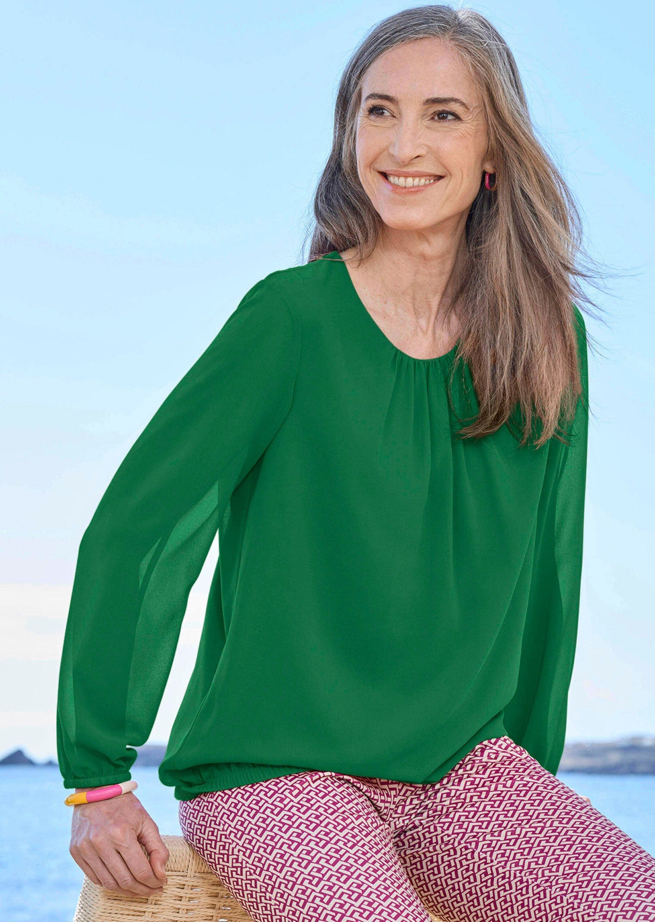GOLDNER Klassische Bluse Jerseybluse mit Falten-Details Blusenshirt mit Rundhals, Gummibündchen und Langarm