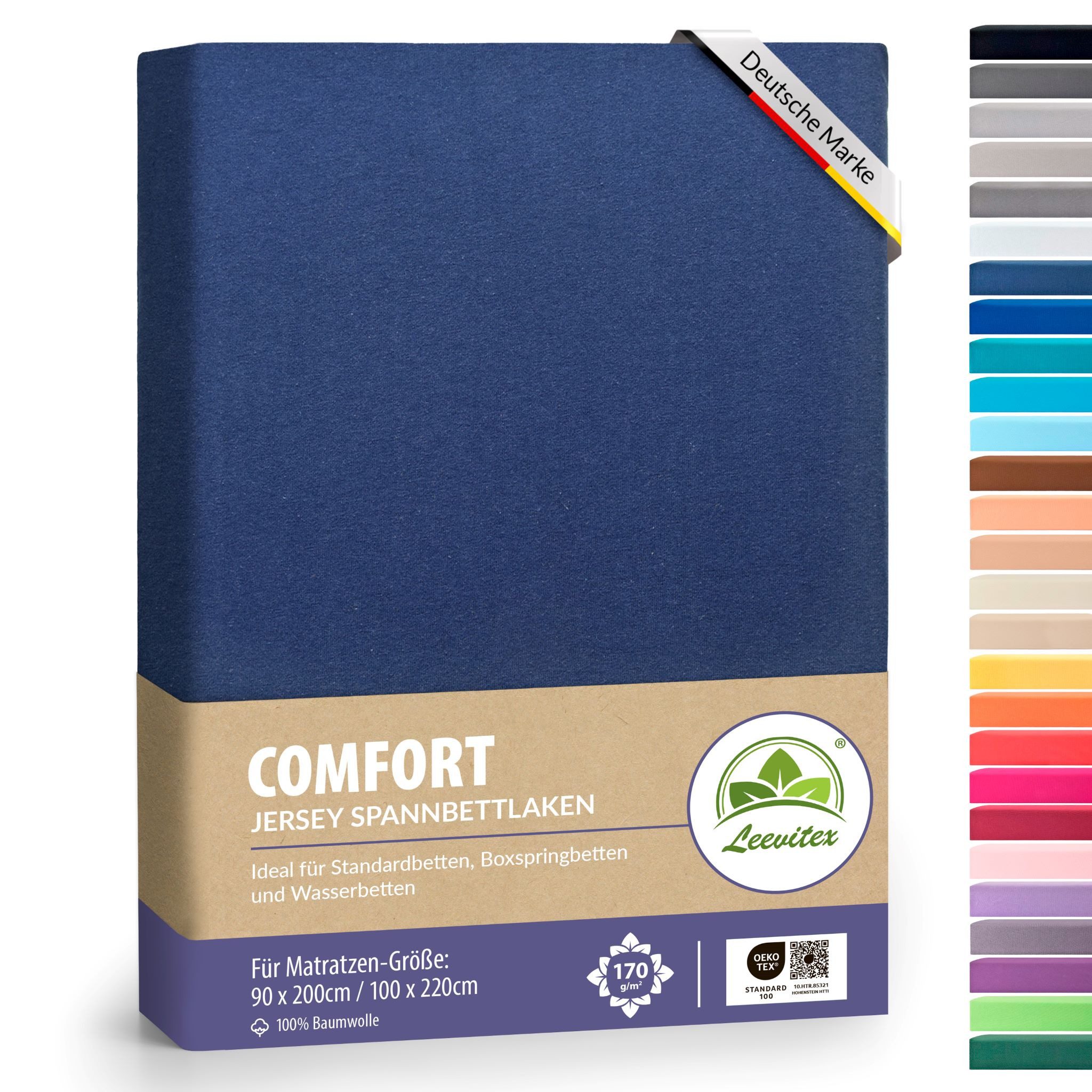leevitex® Spannbettlaken verschiedene Größen, Stoffgewicht 170 g/m², 40 cm Steghöhe, Jersey, Gummizug: rundum, (1 Stück), verschiedene Farben, OEKO-TEX® STANDARD 100 zertifiziert