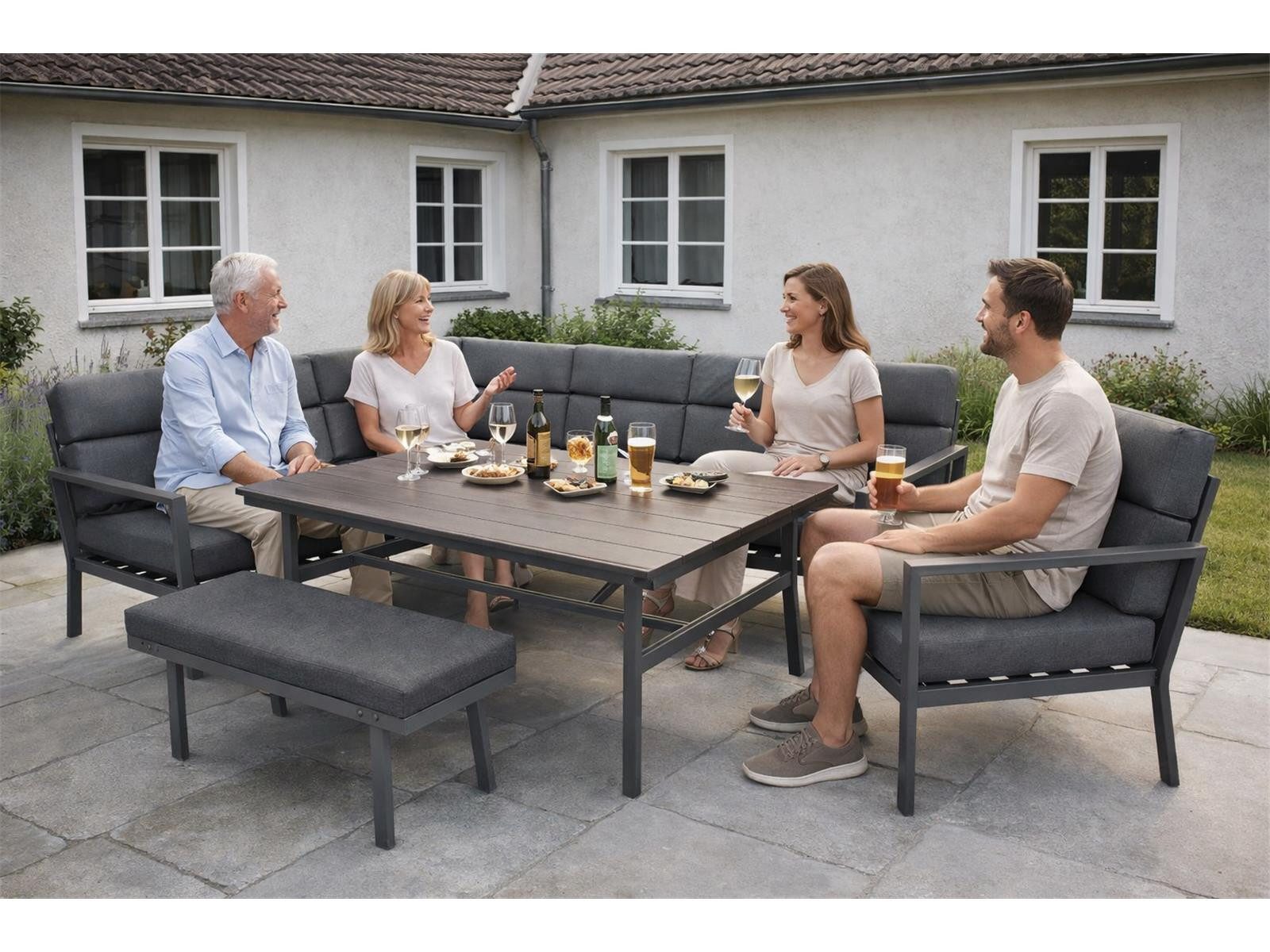 Green Spirit Loungeset »Siena« Lounge Set Alu Ecklounge Loungemöbel Sitzgruppe Gartenmöbel, (Set, 5-tlg., 1x Eckbank (2x 3-Sitzer Bank), 1x Bank, 1x Sessel, 1x Tisch), Aluminium, grau, für 9 Personen, wetterfest, Garten, Terrasse, Outdoor