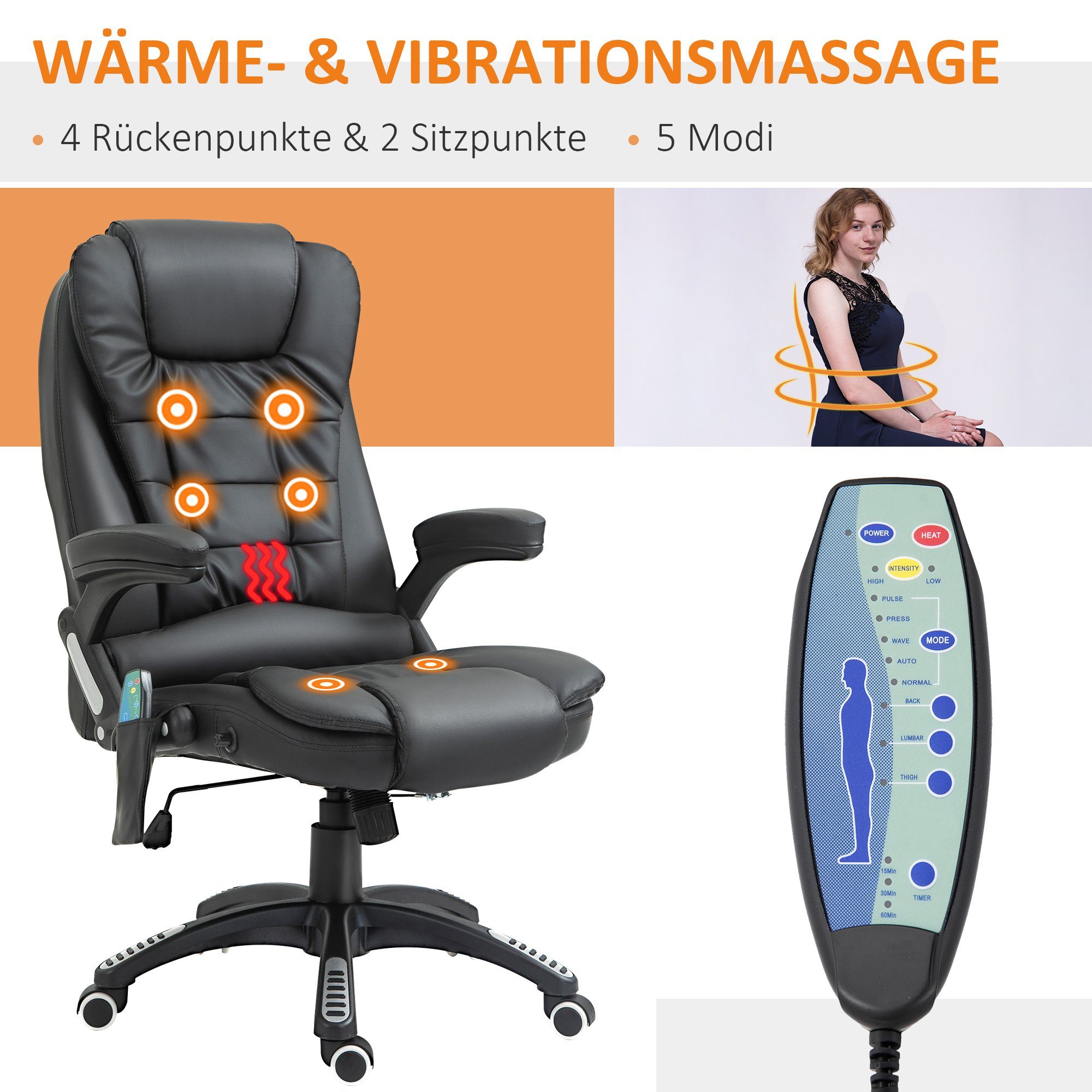 HOMCOM (1 mit Schreibtischstuhl Drehstuhl St), Massagesessel Bürostuhl Bürosessel Wärmefunktion 9-Massagesessel