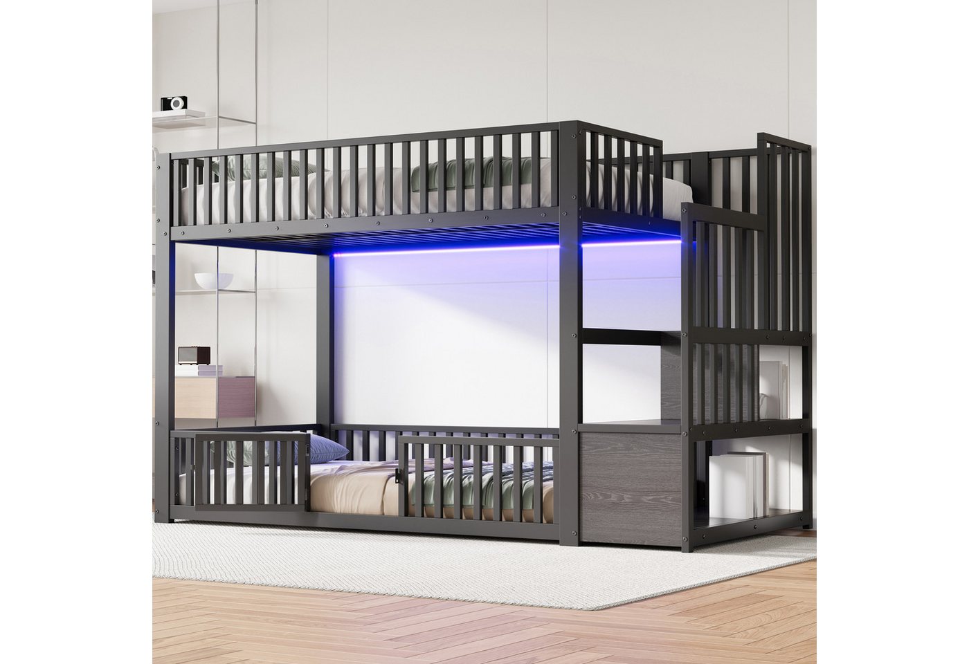 Merax Etagenbett mit LED-Beleuchtung (Jugendbett für Kinderzimmer, Gästezimmer, 1-St), Metallbett Kinderbett 90x200cm mit Stauraumleiter, Schutzgittern & Tür