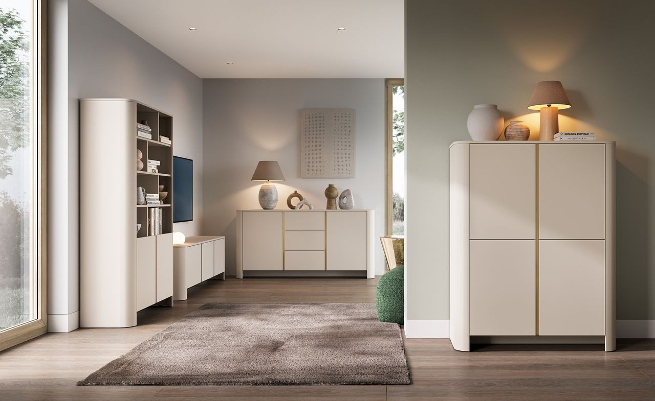 ROYAL24_MARKT Wohnzimmer-Set – 2 Hochkommoden – TV Lowboard – Kommode / BARI – Kaschmir 4-teilig, (Set, 4-St., Komplett Set)