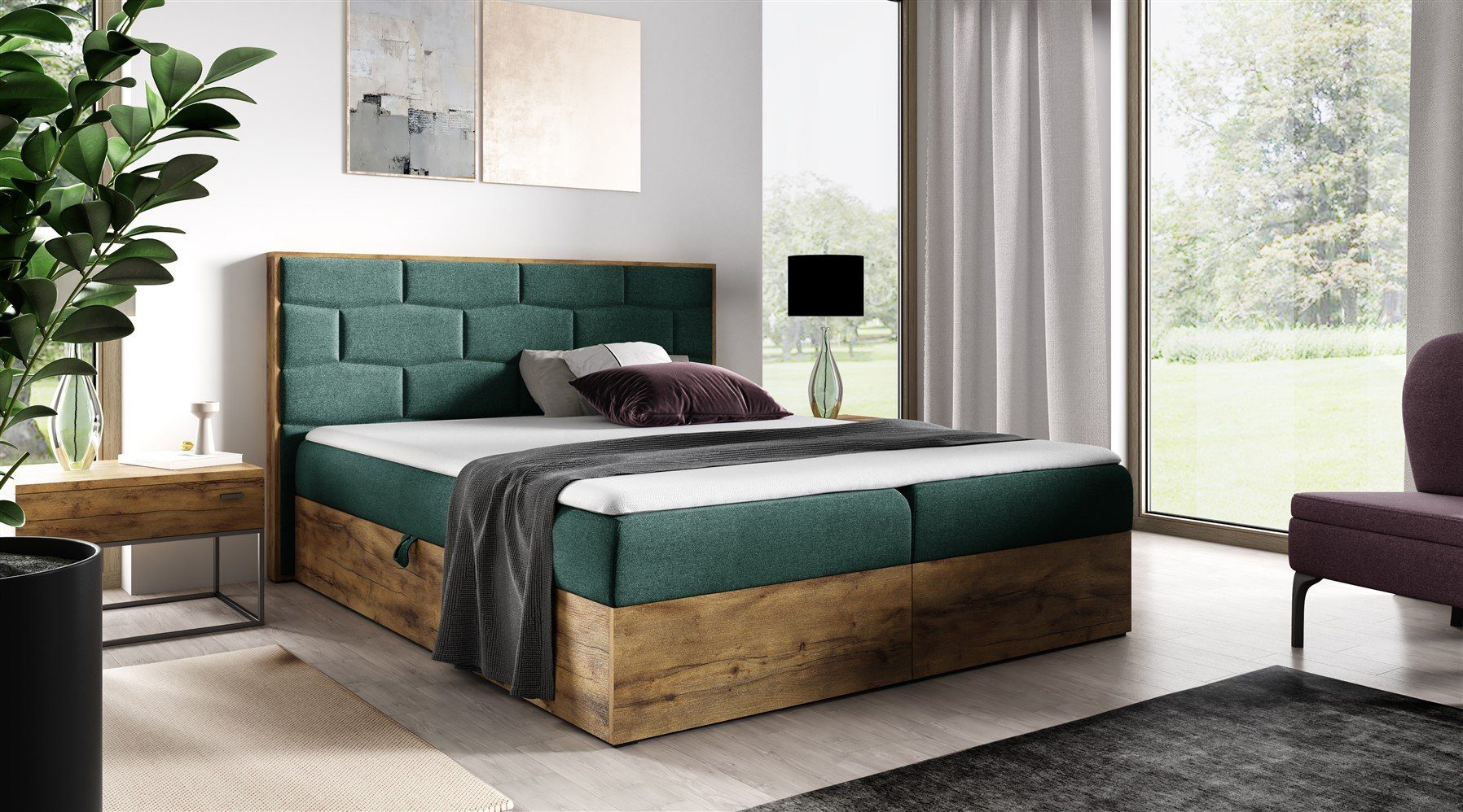 Fun Möbel Boxbett Schlafzimmerbett BEILA Stoff Faro (Auch in Überlänge erhältlich, Inkl. Kaltschaumtopper und Bettkästen), Lancelot-Eiche-Optik