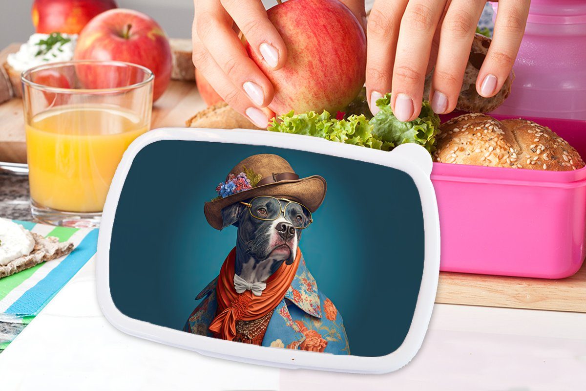 MuchoWow Lunchbox - Kunststoff, Kunststoff (2-tlg), - - Snackbox, Brotdose Blau, Brotbox - Blumen Hut für rosa Jacke Mädchen, Kinder, Hund Erwachsene